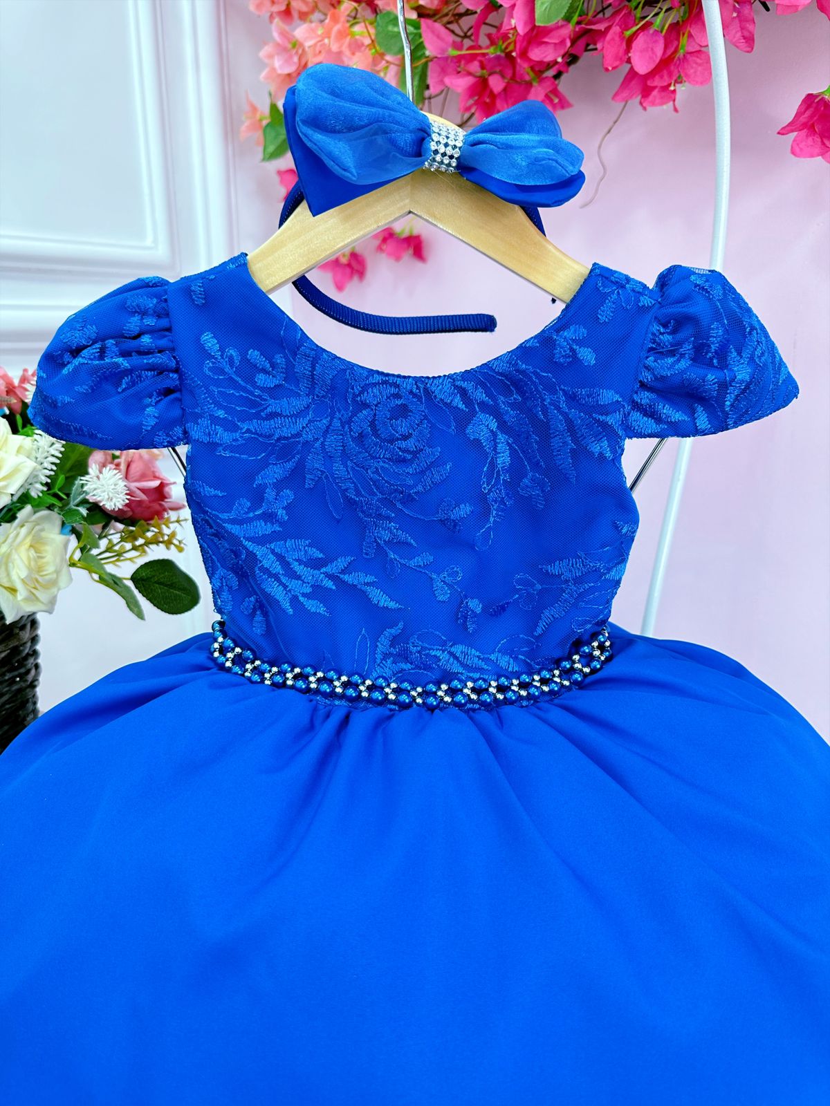 Vestido Infantil Azul Royal C/ Tiara Renda Cinto de Pérolas