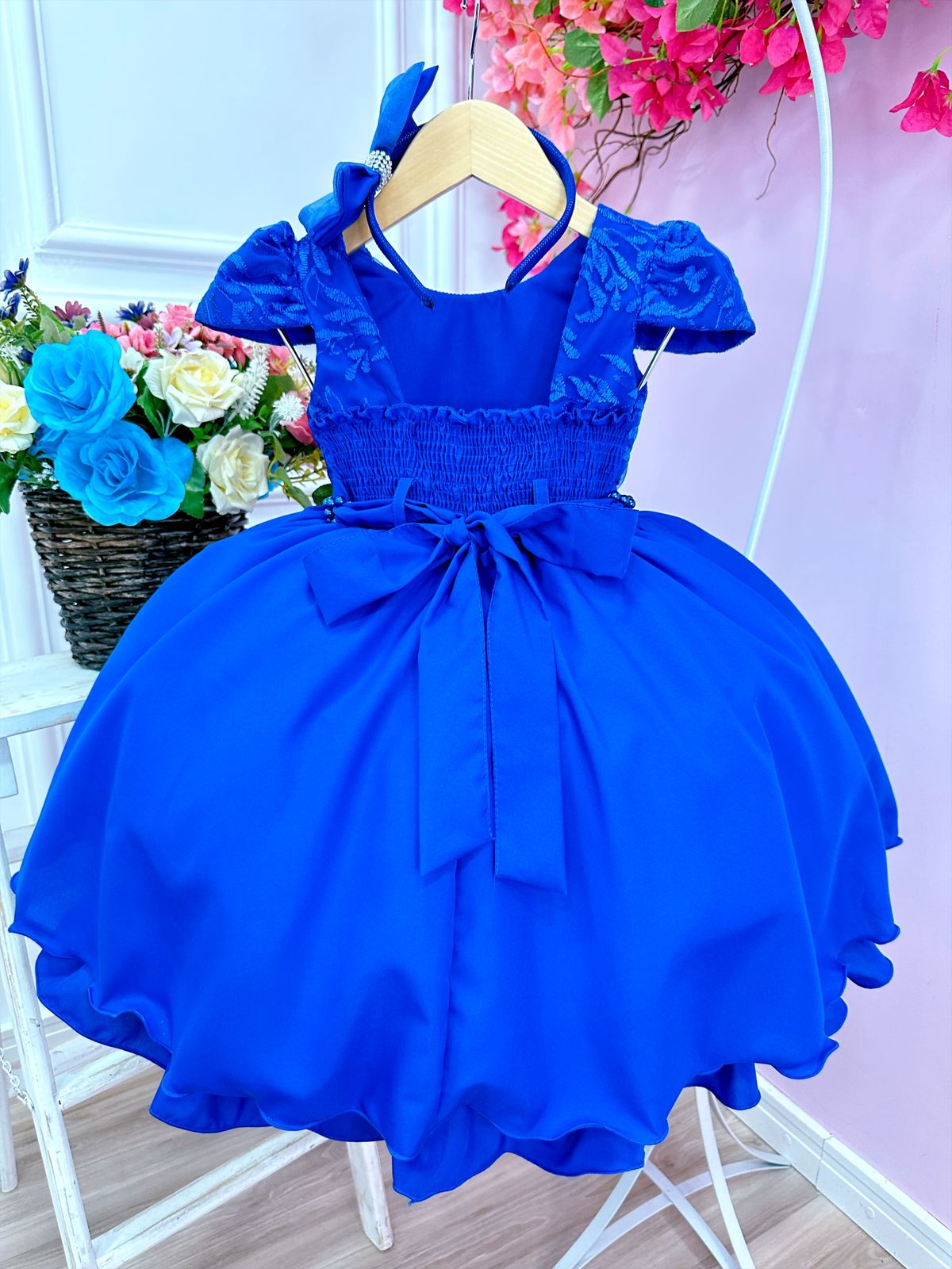 Vestido Infantil Azul Royal C/ Tiara Renda Cinto de Pérolas