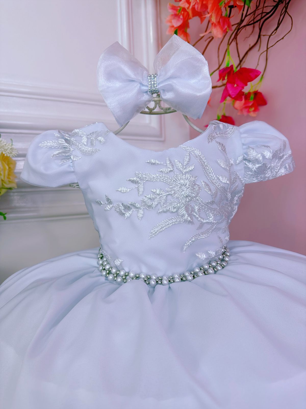 Vestido Infantil Branco Renda Cinto de Pérolas C/Tiara Luxo
