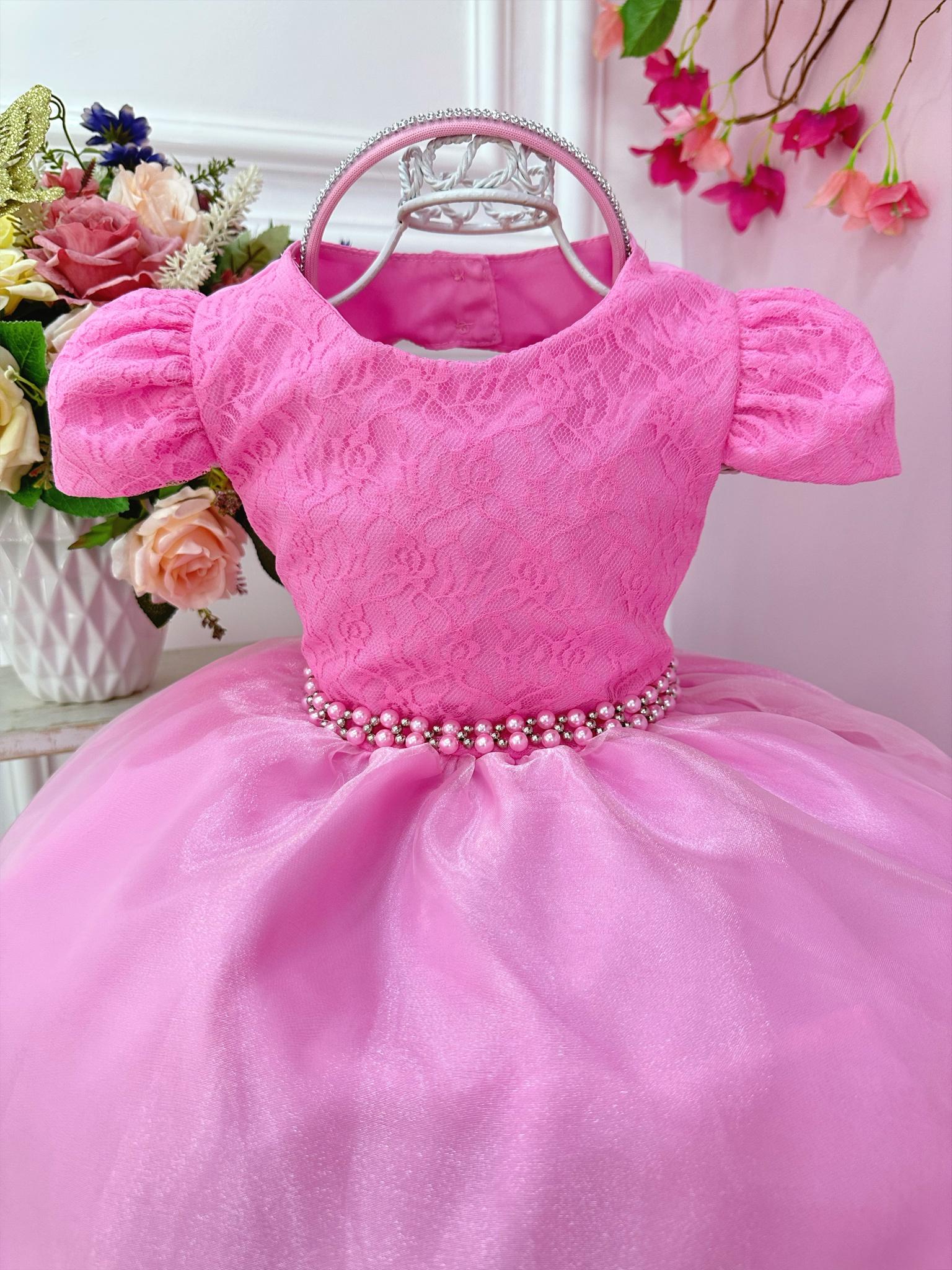 Vestido Infantil Rosa Chiclete Renda Damas C/ Pérolas e Tiara