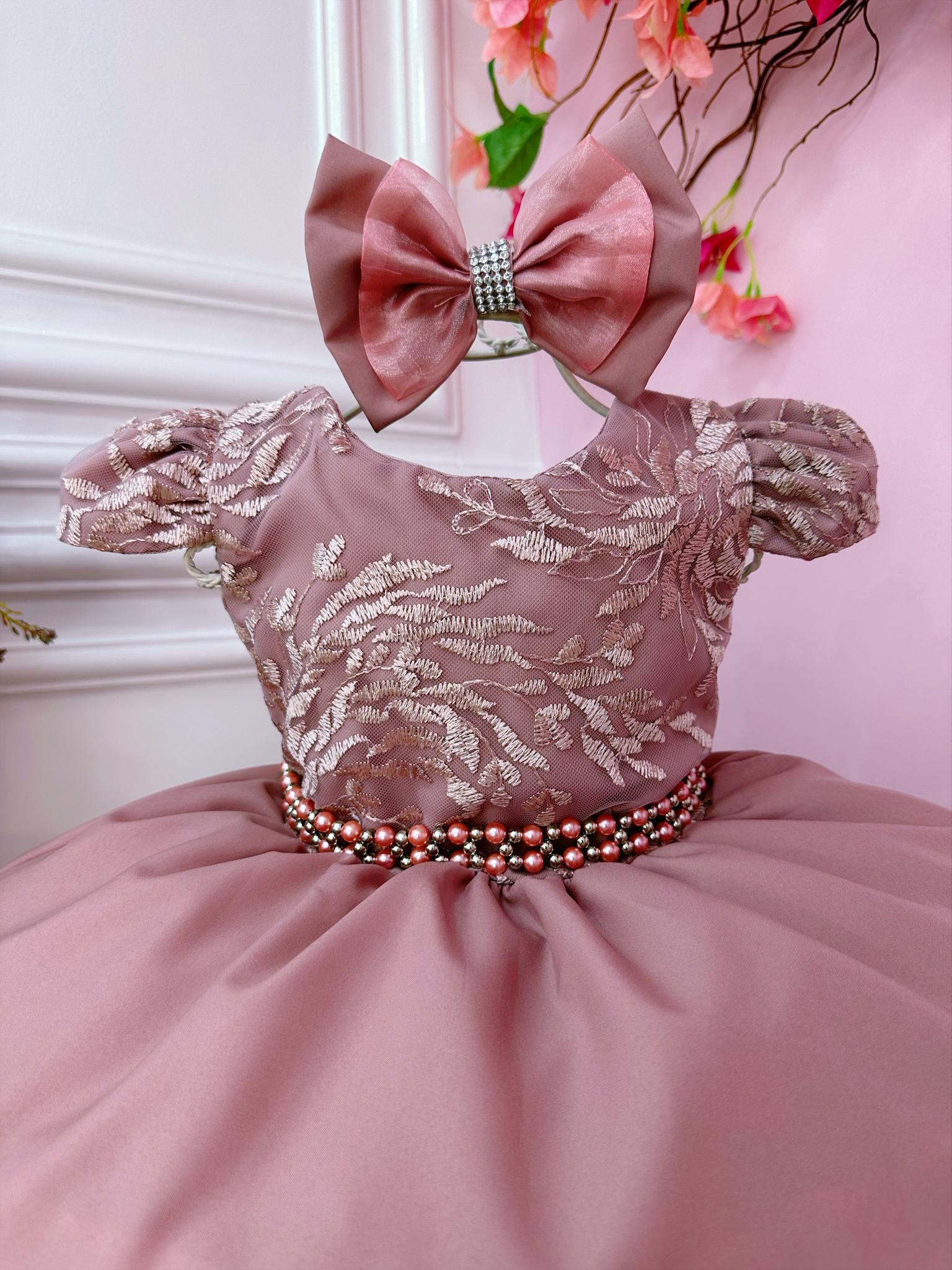 Vestido Infantil Rose Com Renda Laço e Cinto de Pérolas