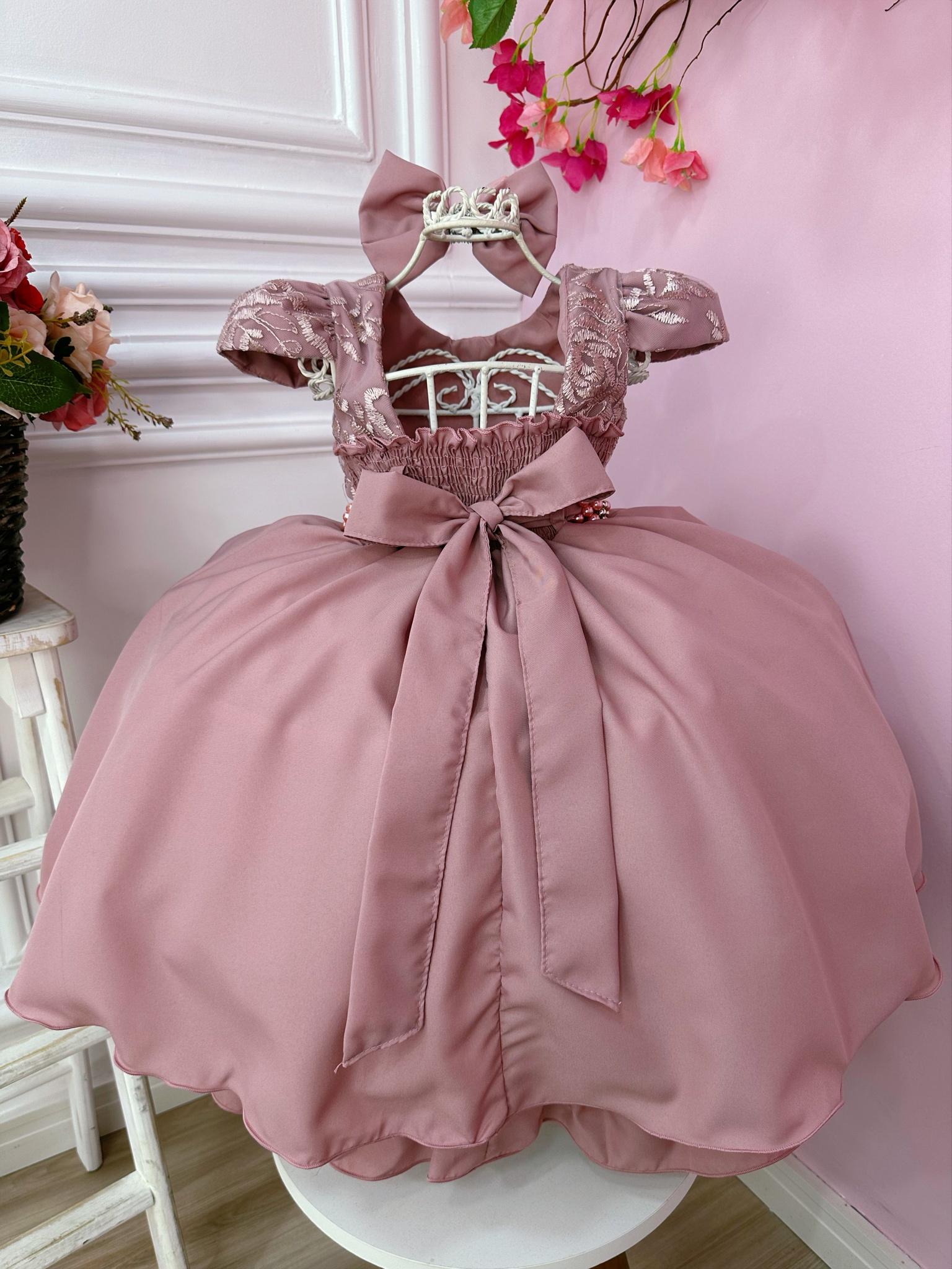 Vestido Infantil Rose Com Renda Laço e Cinto de Pérolas