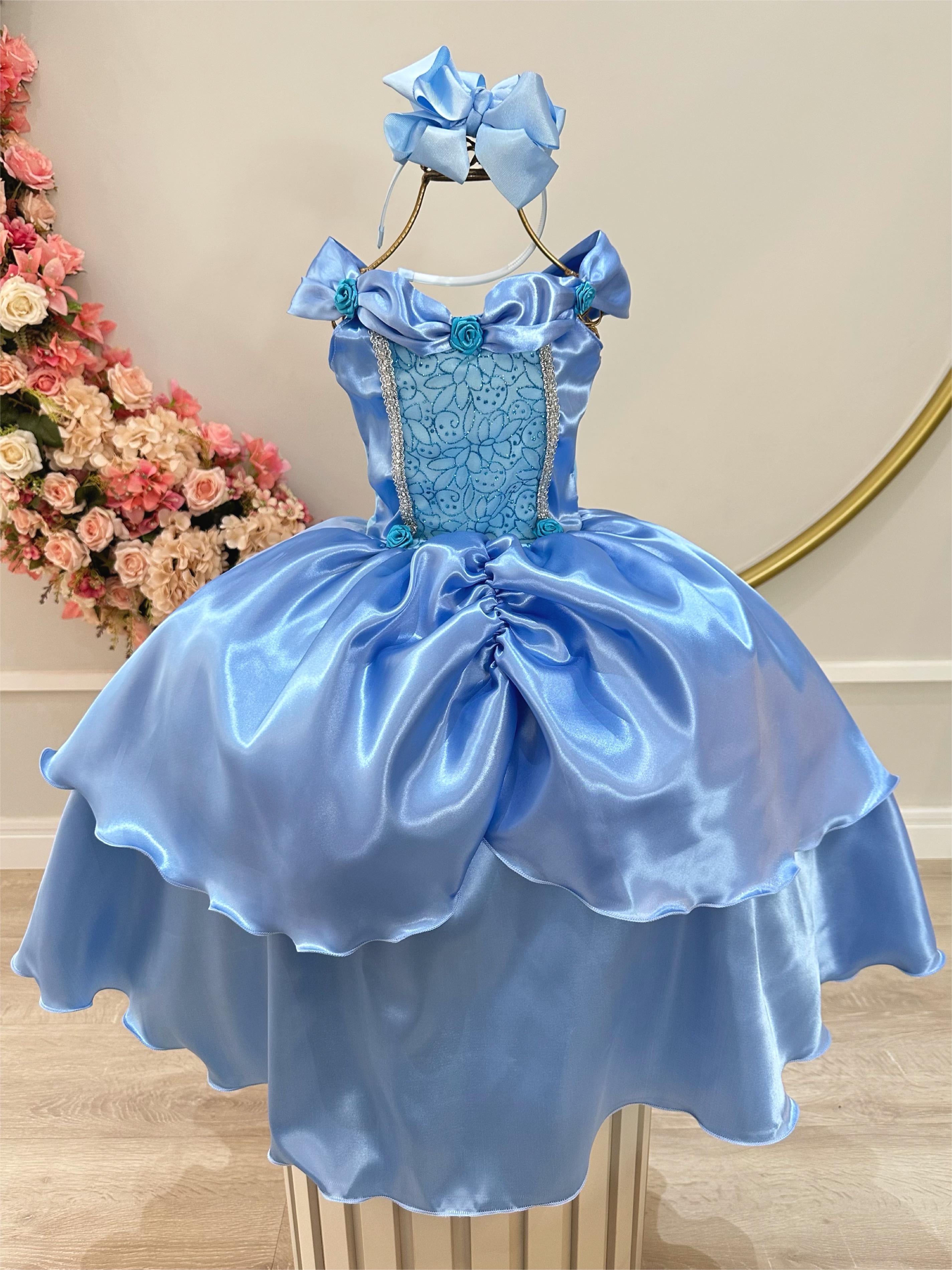 Fantasia Infantil Azul Princesas Frozen e Cinderela Festas