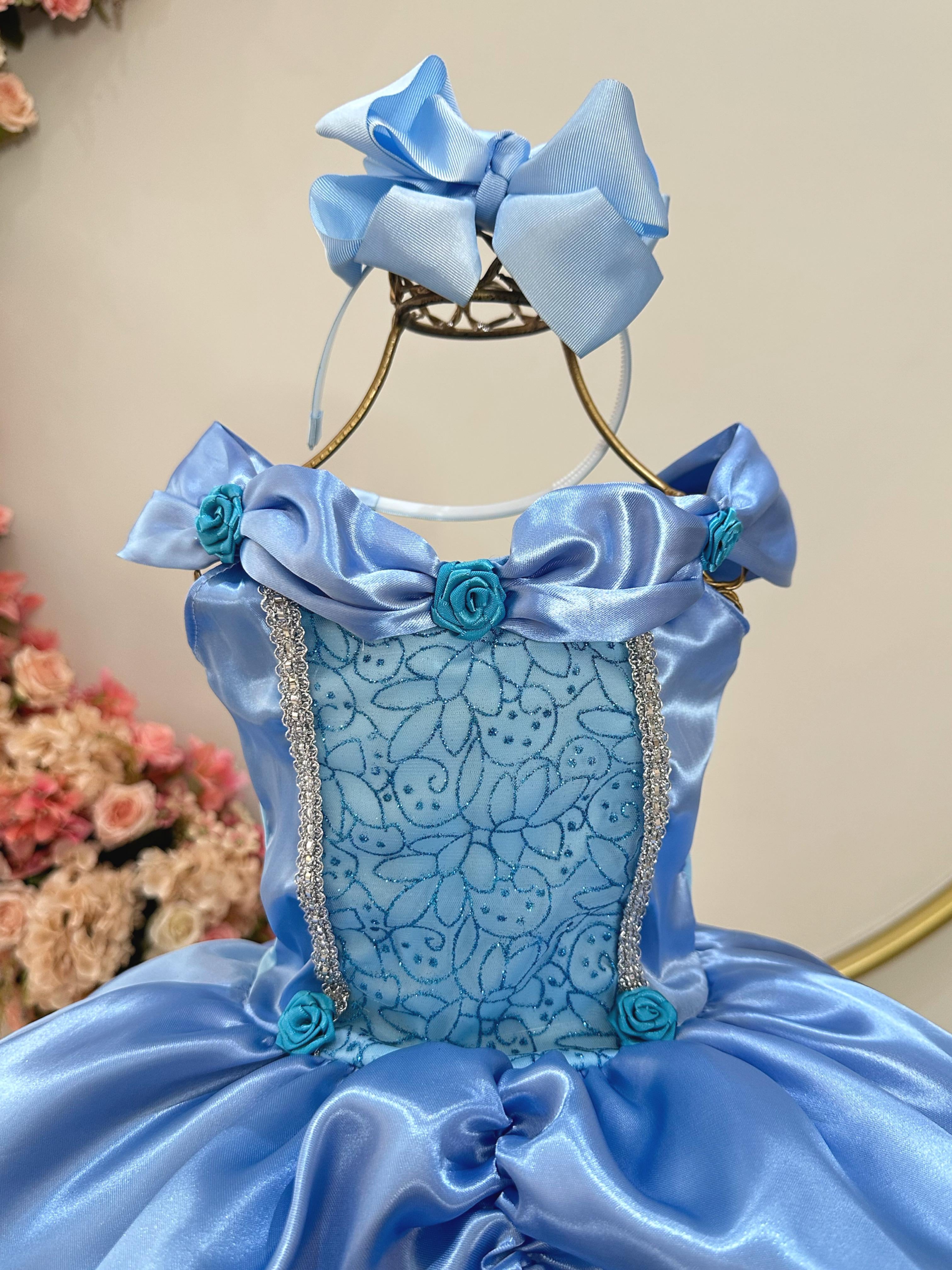 Fantasia Infantil Azul Princesas Frozen e Cinderela Festas