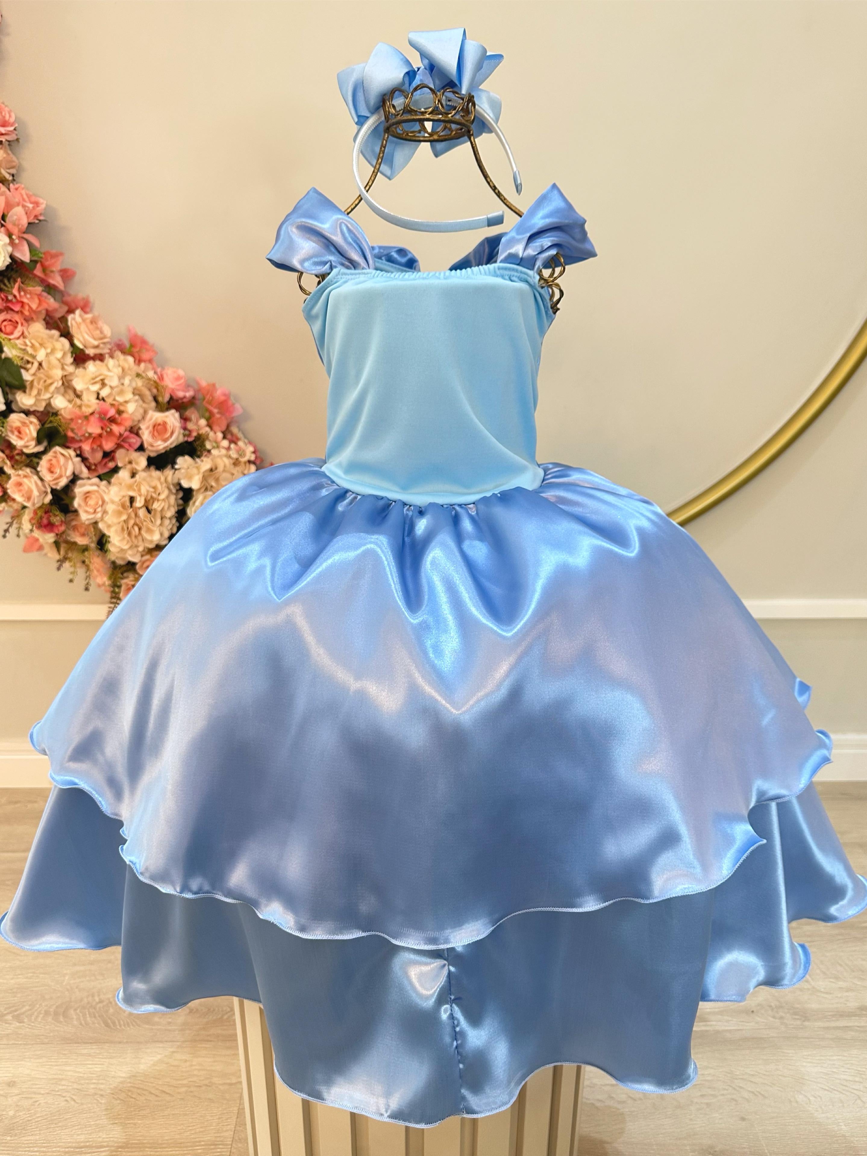 Fantasia Infantil Azul Princesas Frozen e Cinderela Festas