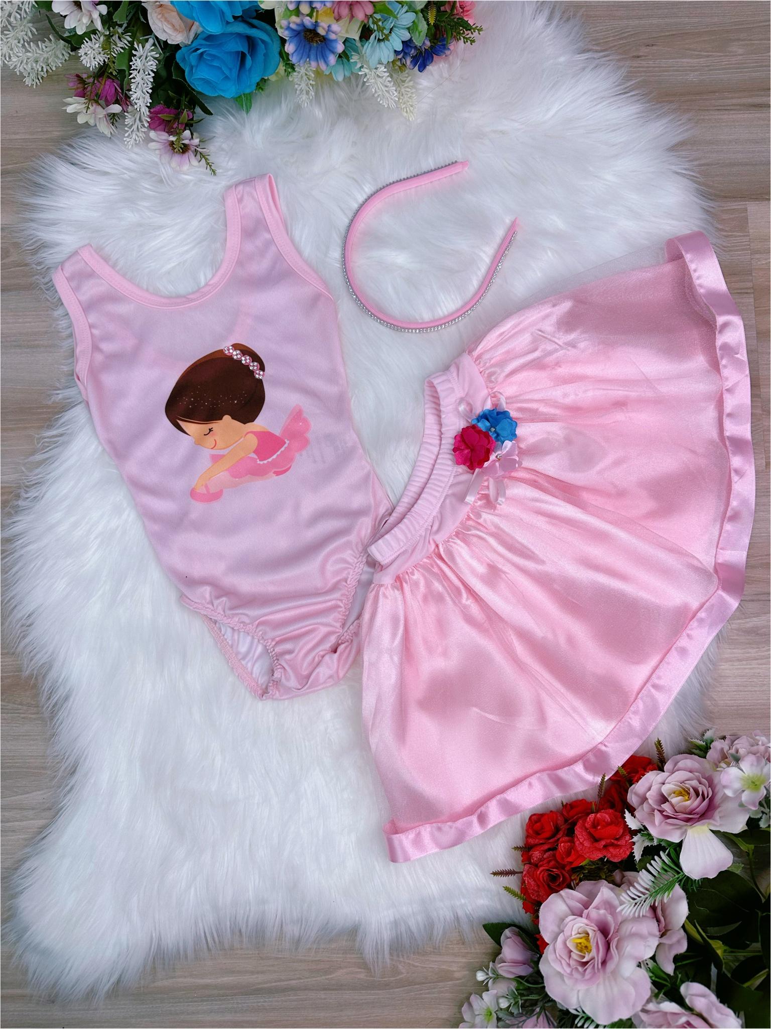 Fantasia Infantil Bailarina Rosa Body e Saia Luxo