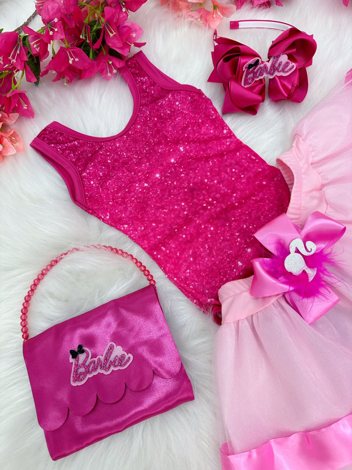 Fantasia Infantil Barbie Pink Body Saia Rosa Com Broche Luxo