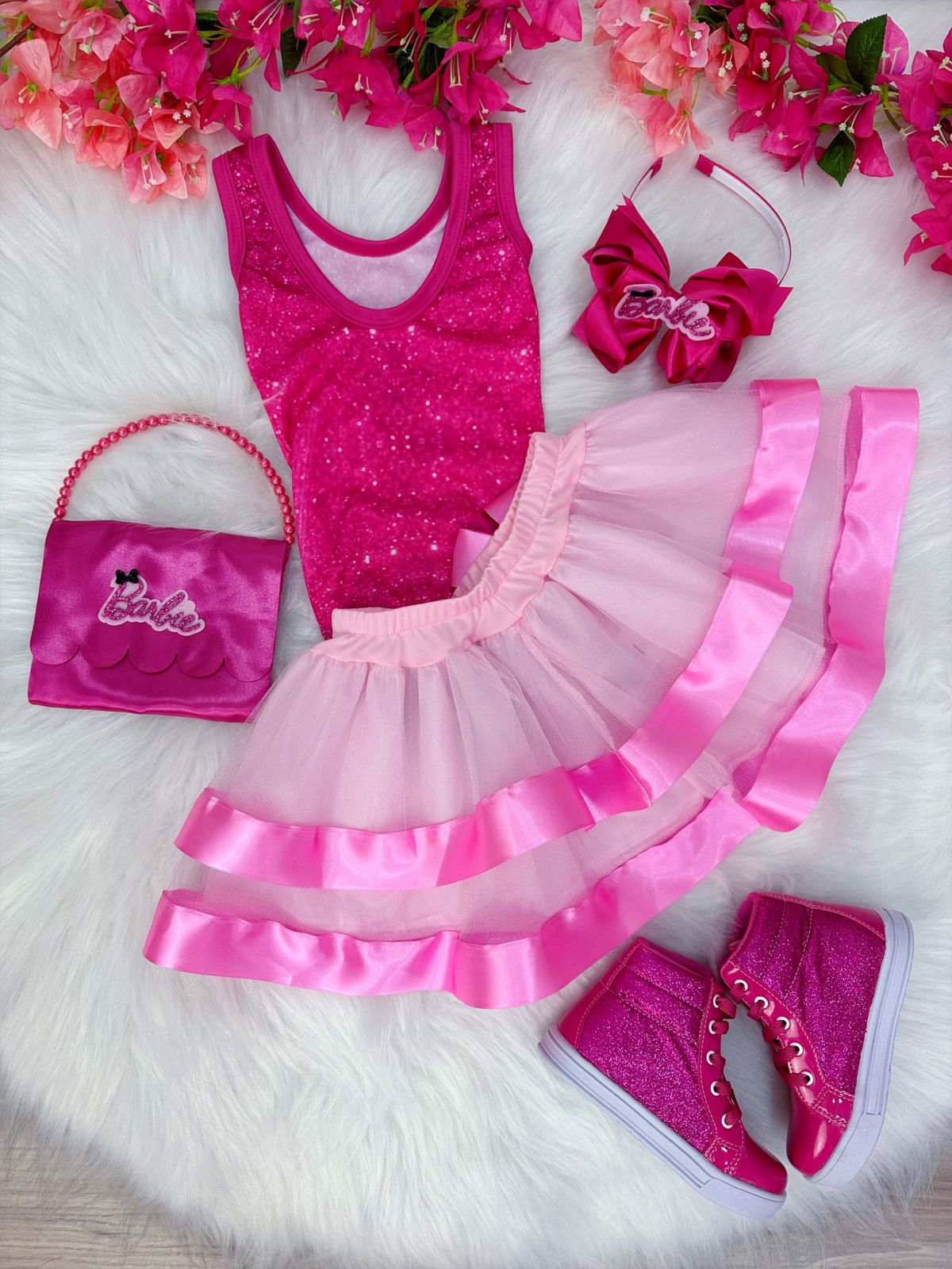 Fantasia Infantil Barbie Pink Body Saia Rosa Com Broche Luxo
