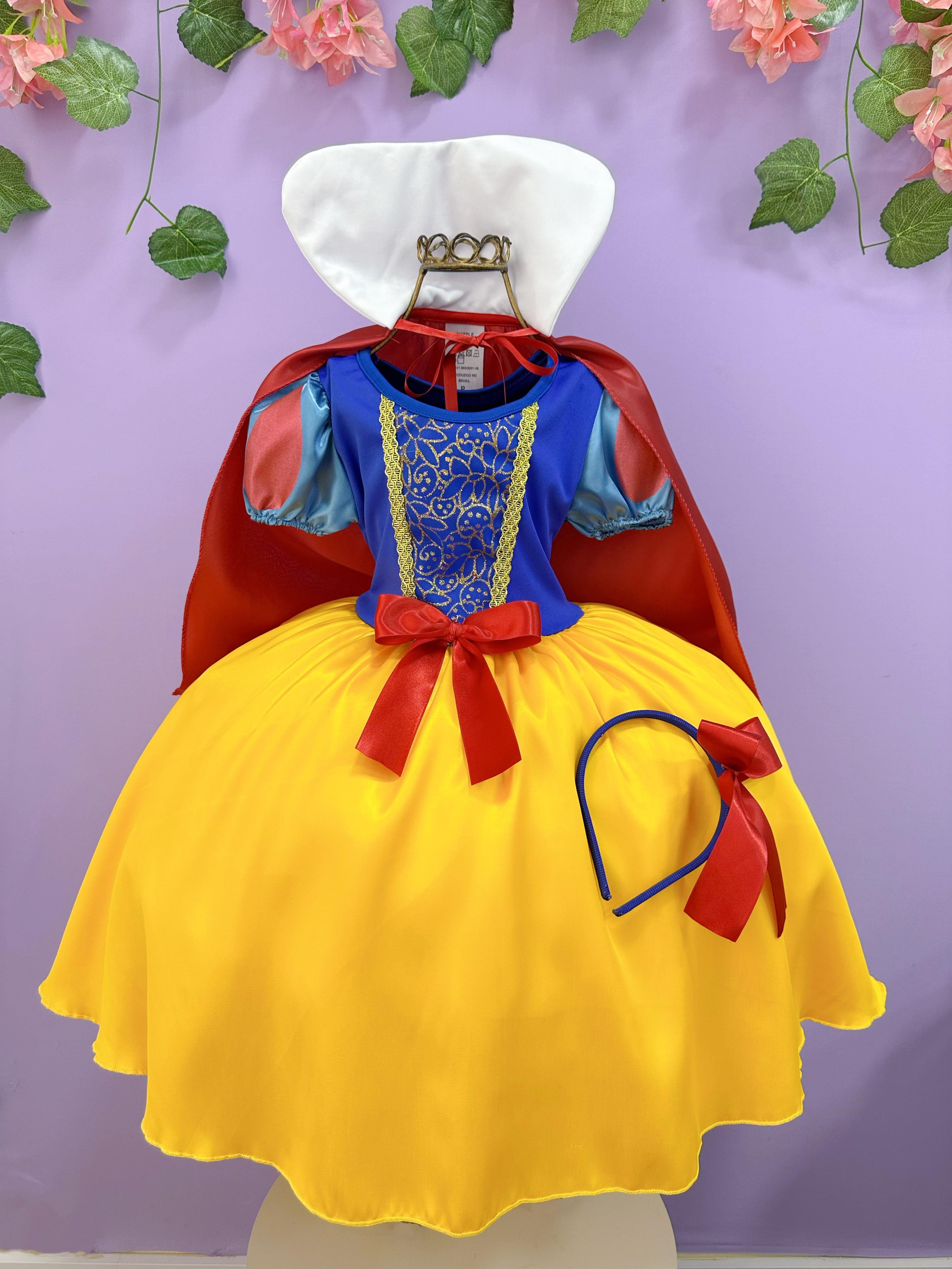 Fantasia Infantil Branca de Neve Amarelo Ouro Capa Tiara
