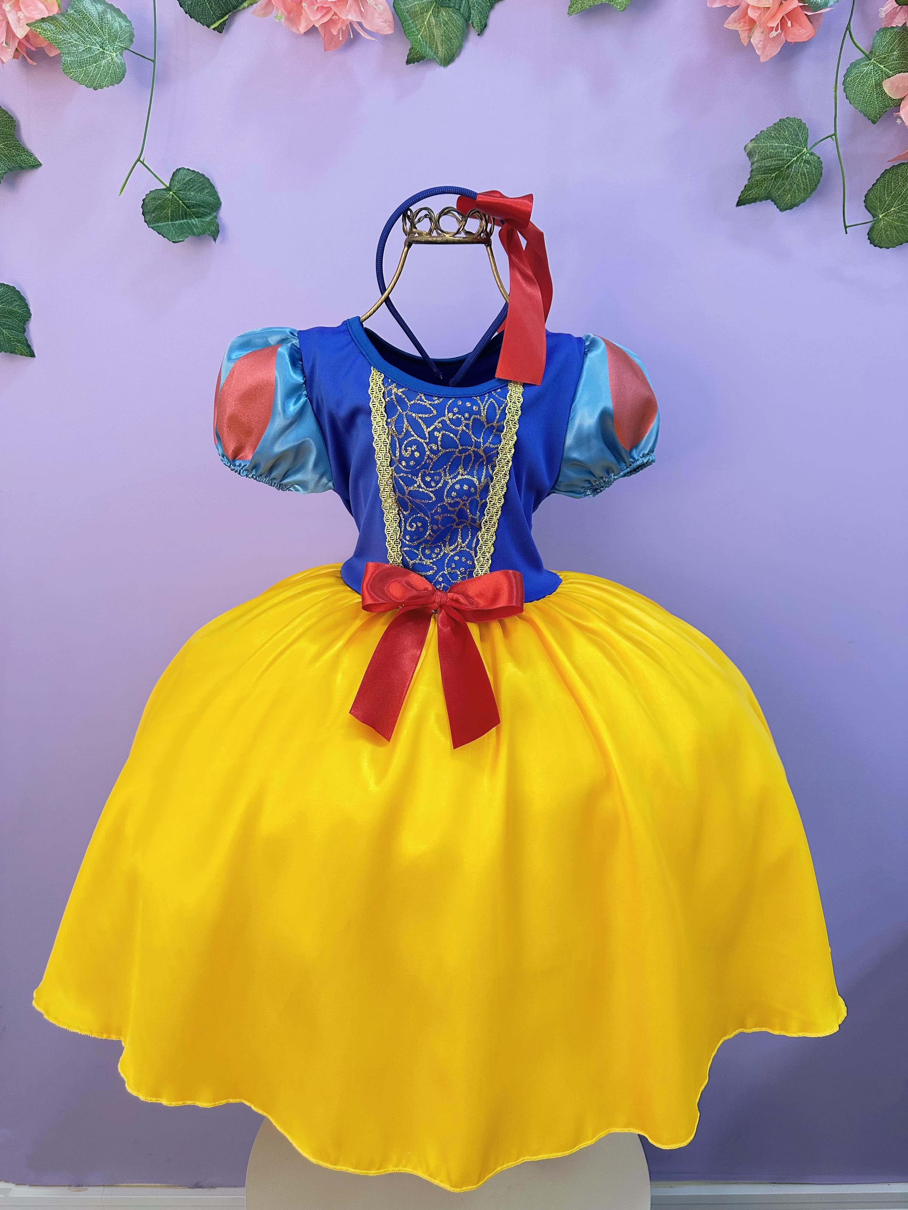 Fantasia Infantil Branca de Neve Amarelo Ouro Capa Tiara
