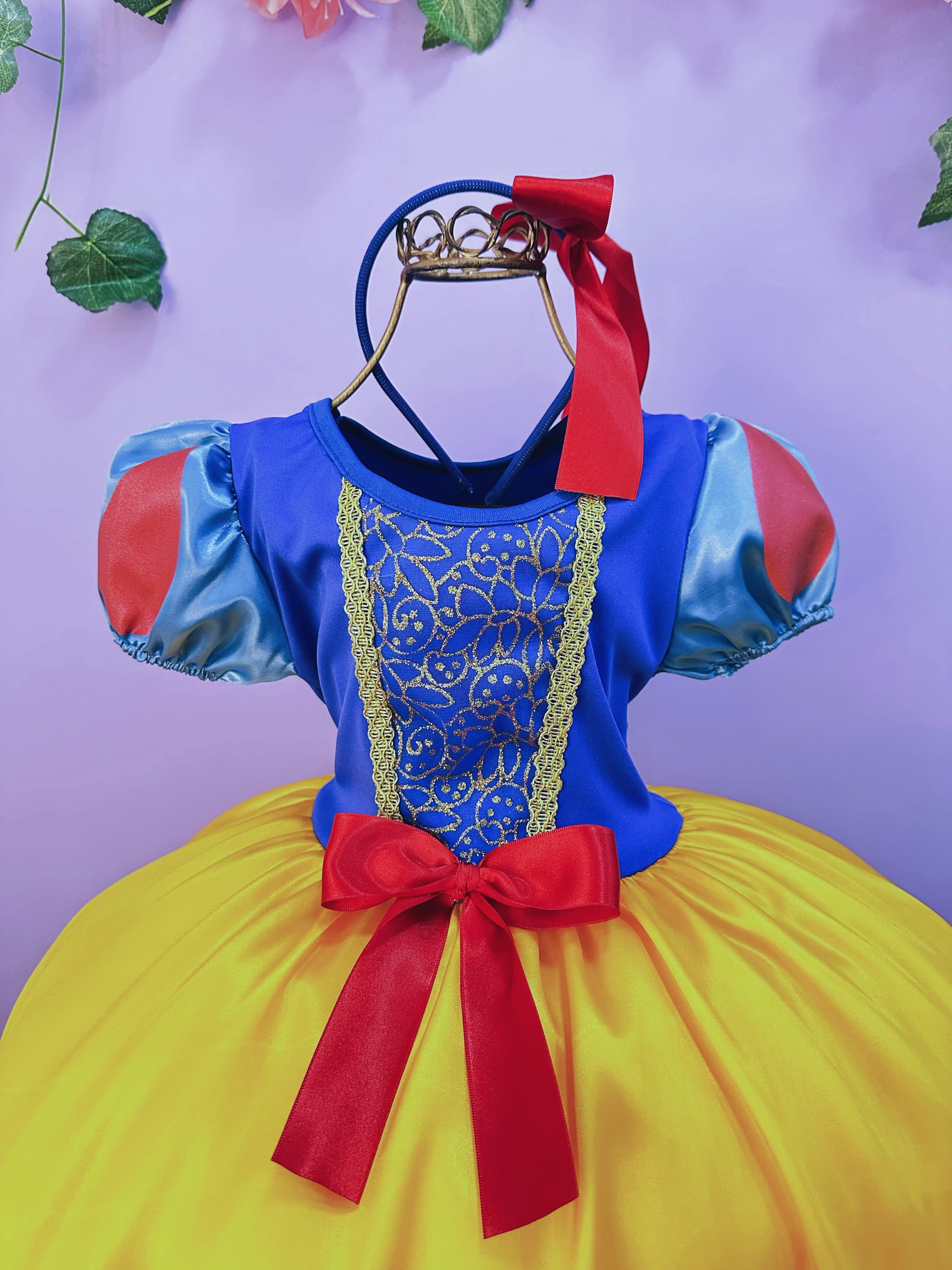 Fantasia Infantil Branca de Neve Amarelo Ouro Capa Tiara