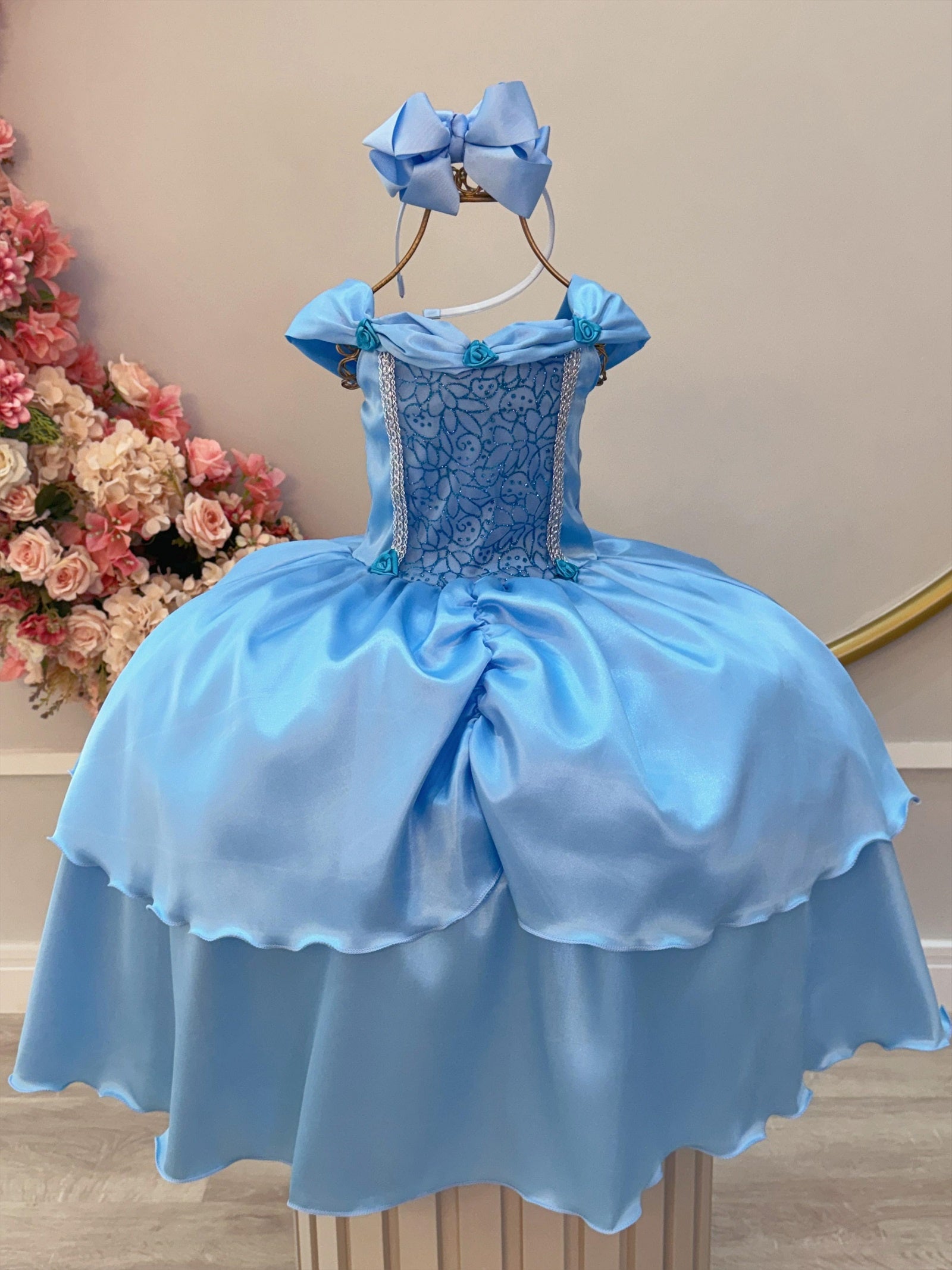 Fantasia Infantil Frozen e Cinderela C/ Renda Azul Claro