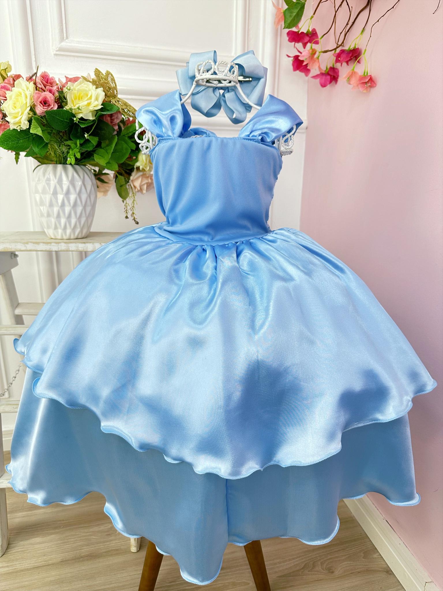 Fantasia Infantil Frozen e Cinderela C/ Renda Azul Strass