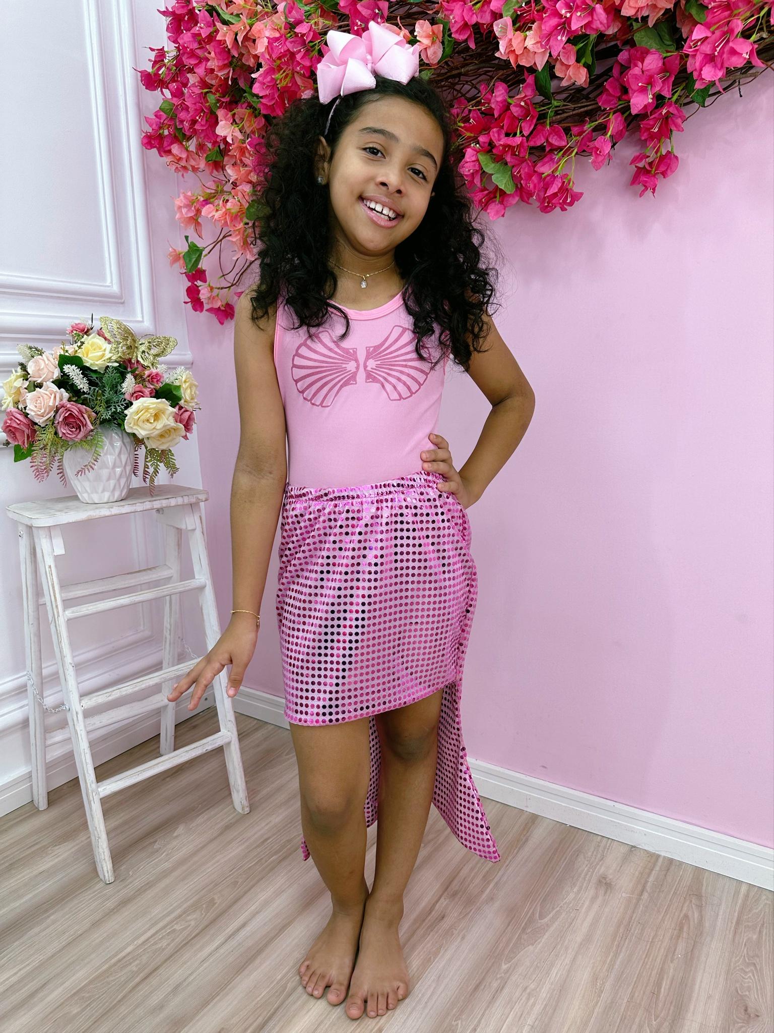 Fantasia Infantil Sereia Escamas Pink e Rosa Chiclete