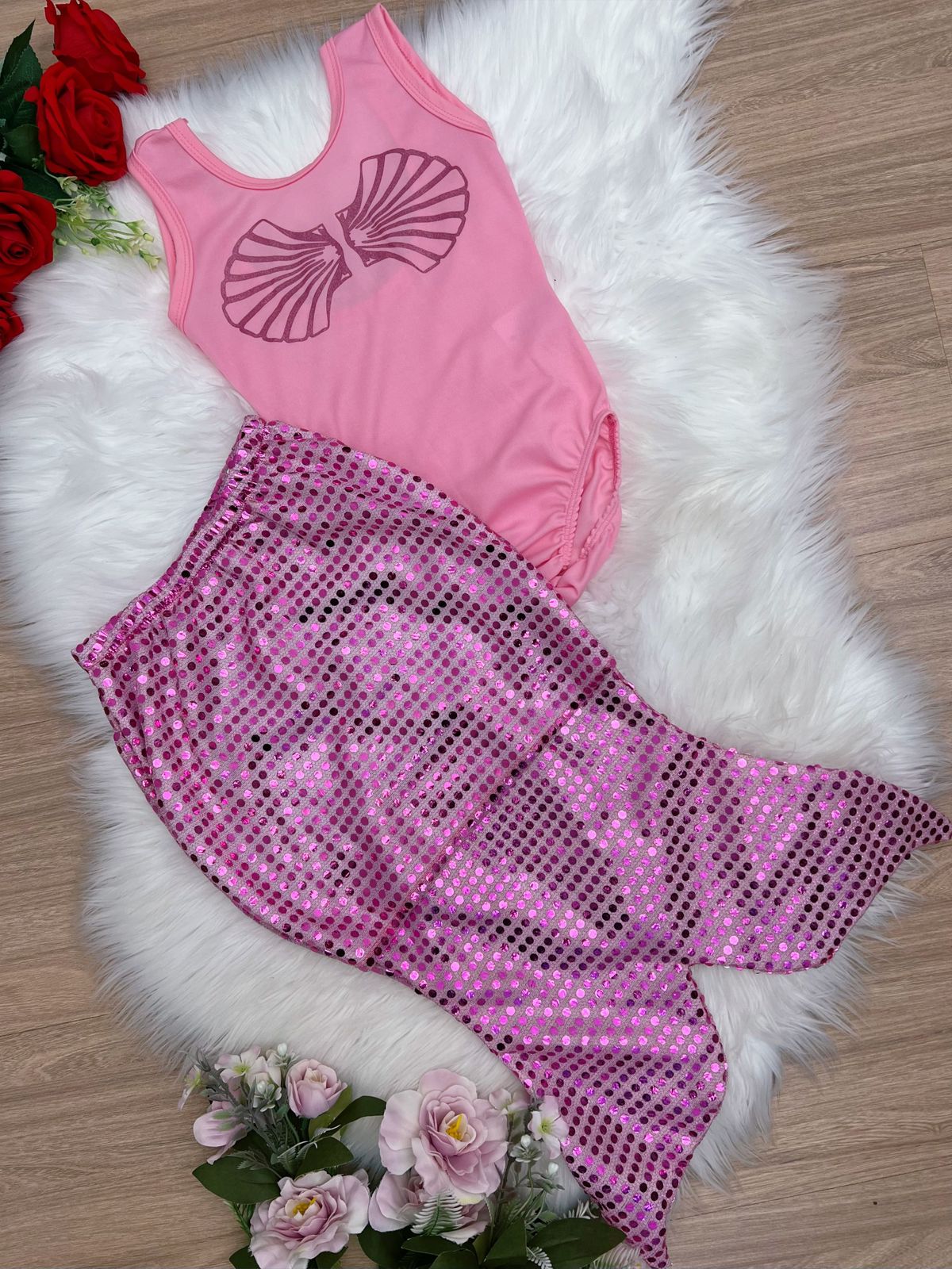 Fantasia Infantil Sereia Escamas Pink e Rosa Chiclete