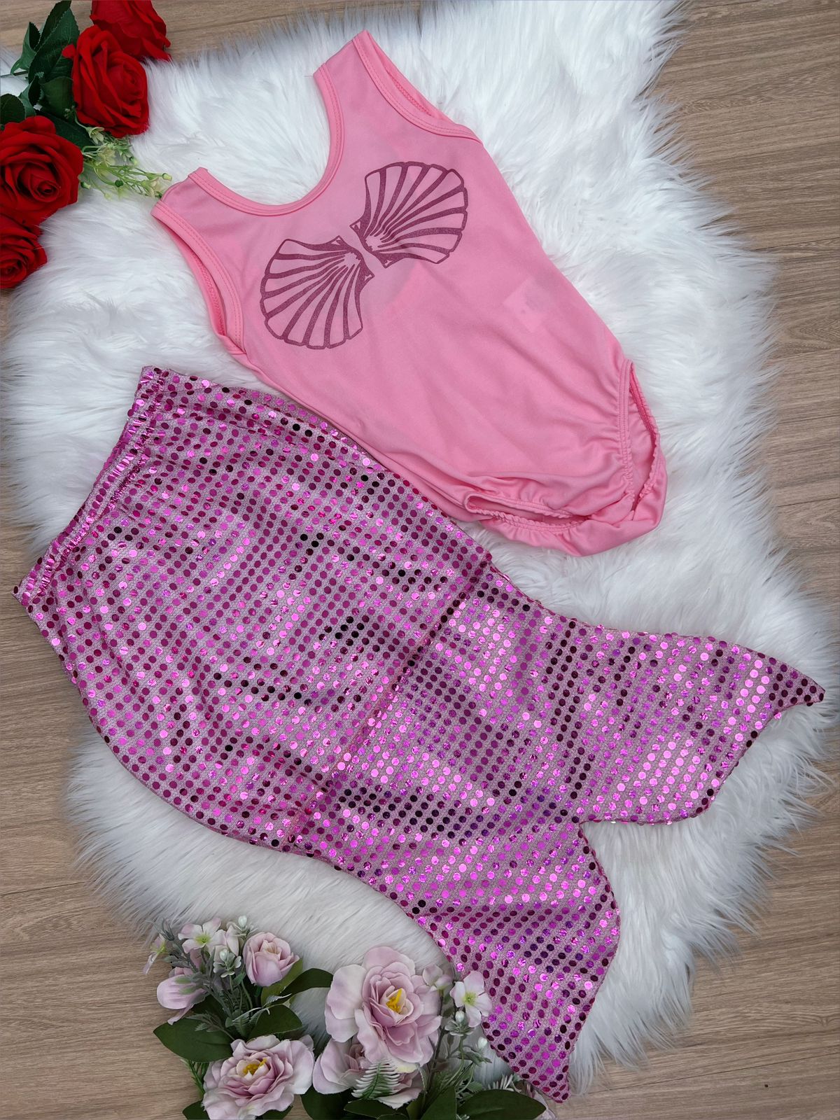 Fantasia Infantil Sereia Escamas Pink e Rosa Chiclete