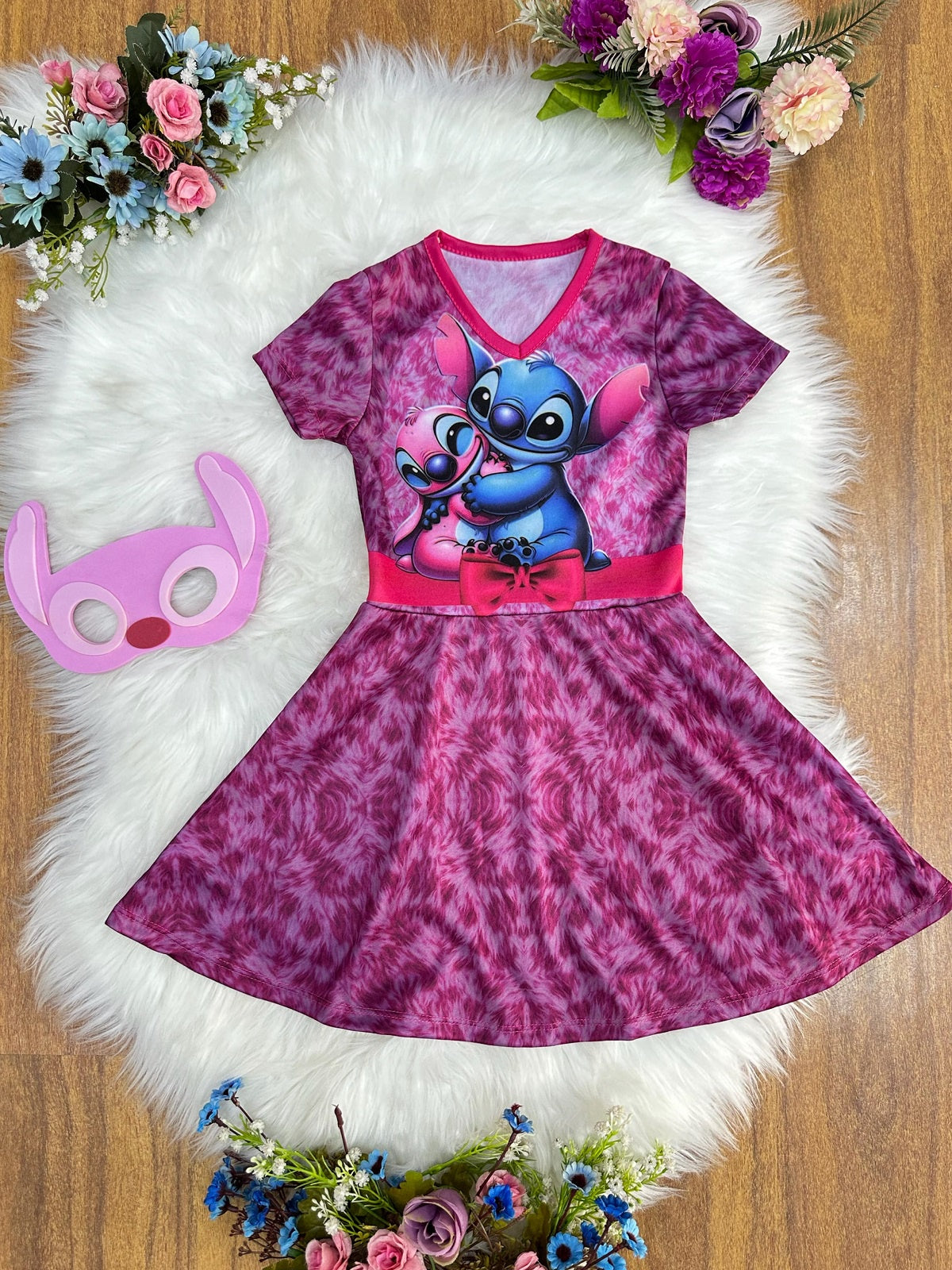 Fantasia Infantil Temática da Angel Stitch Lilo Pink C/ Máscara