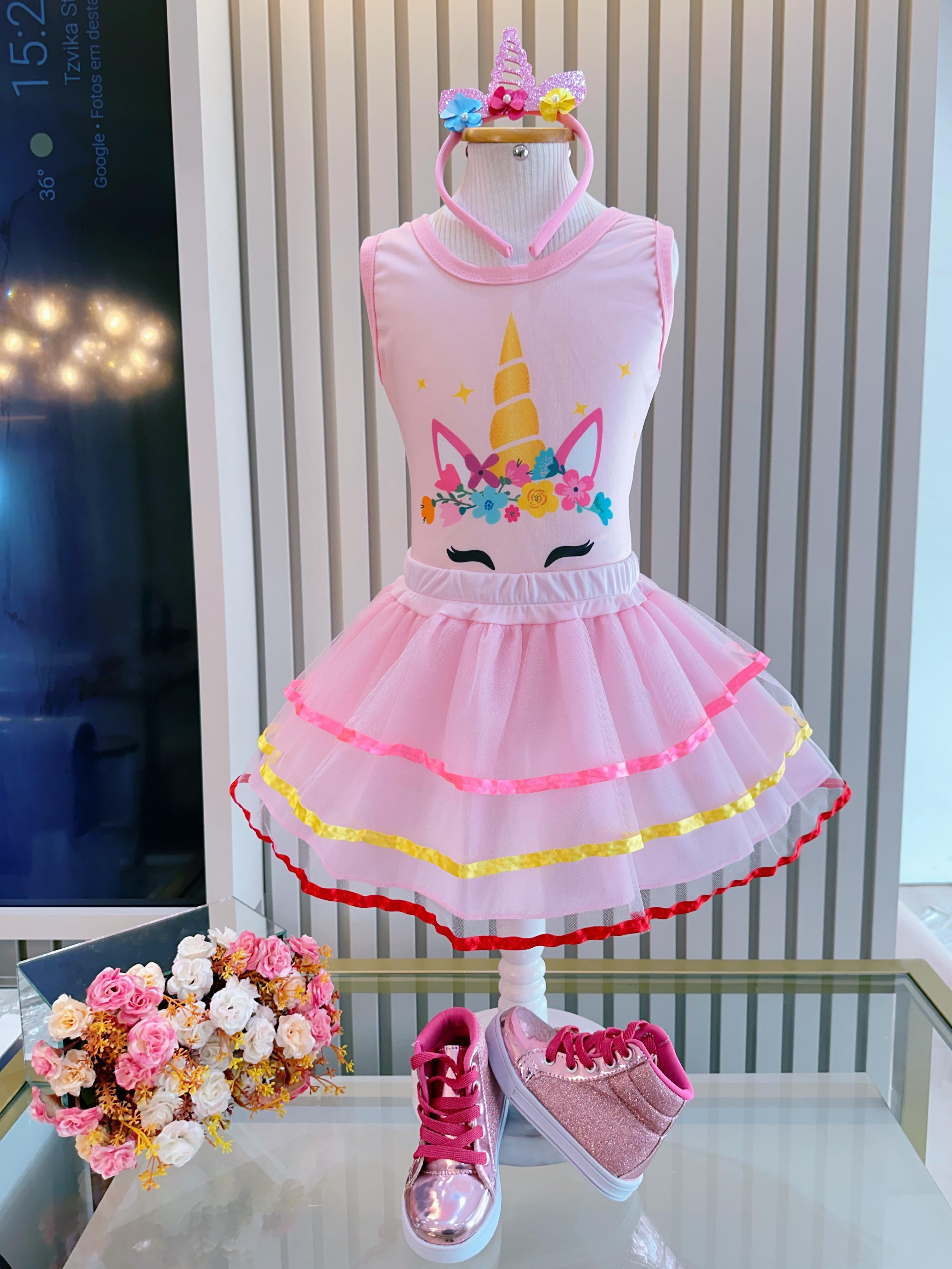Fantasia Infantil Unicórnio Com Tiara e Saia Colorida Festas