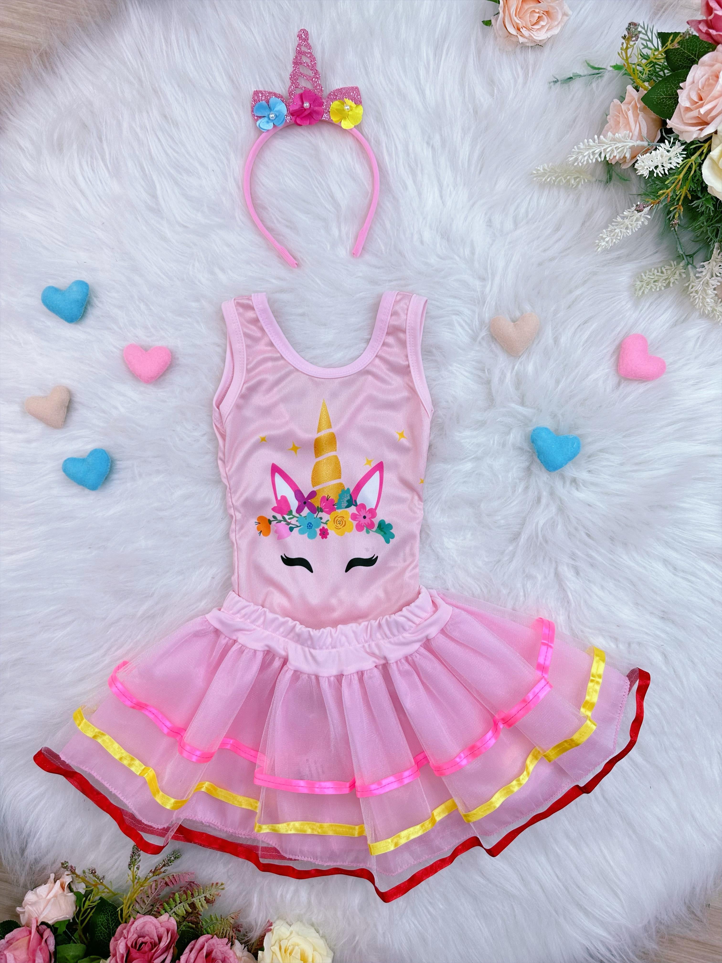 Fantasia Infantil Unicórnio Com Tiara e Saia Colorida Festas