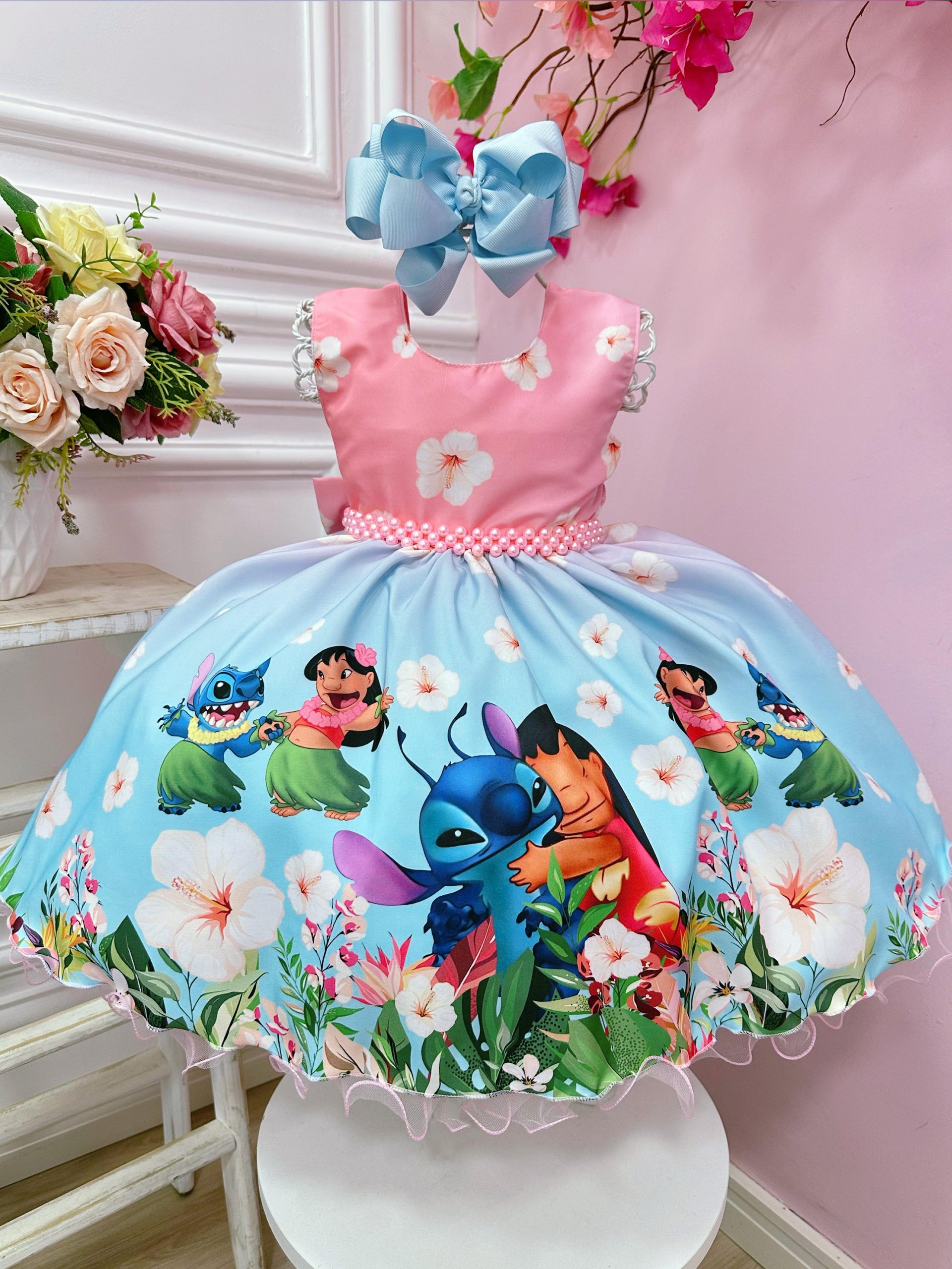 Vestido Bebê da Lilo e Stitch Rosa Florido Festas Luxo – MayaPitaya