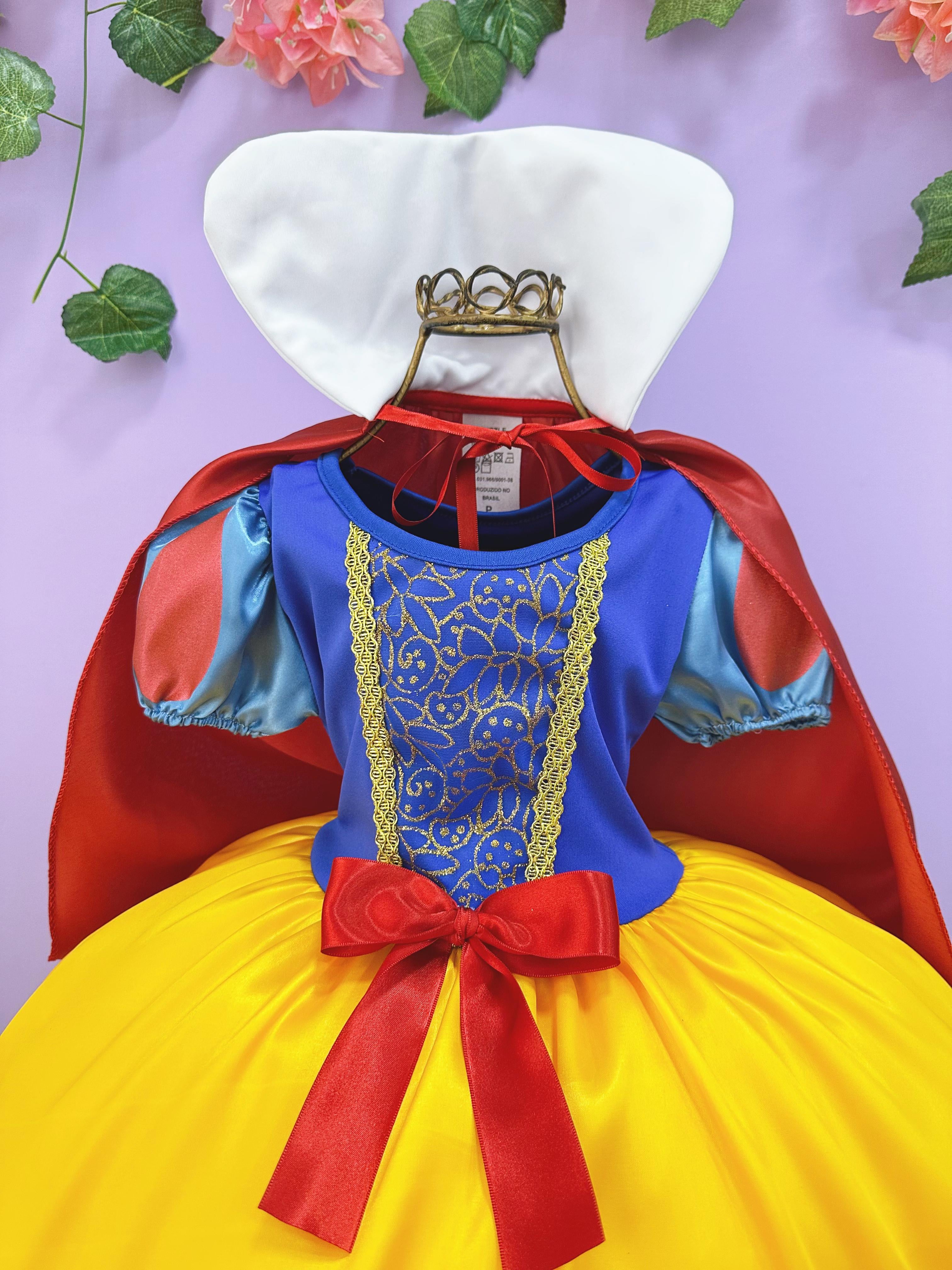 Vestido Fantasia Infantil Branca de Neve Amarelo Capa Tiara