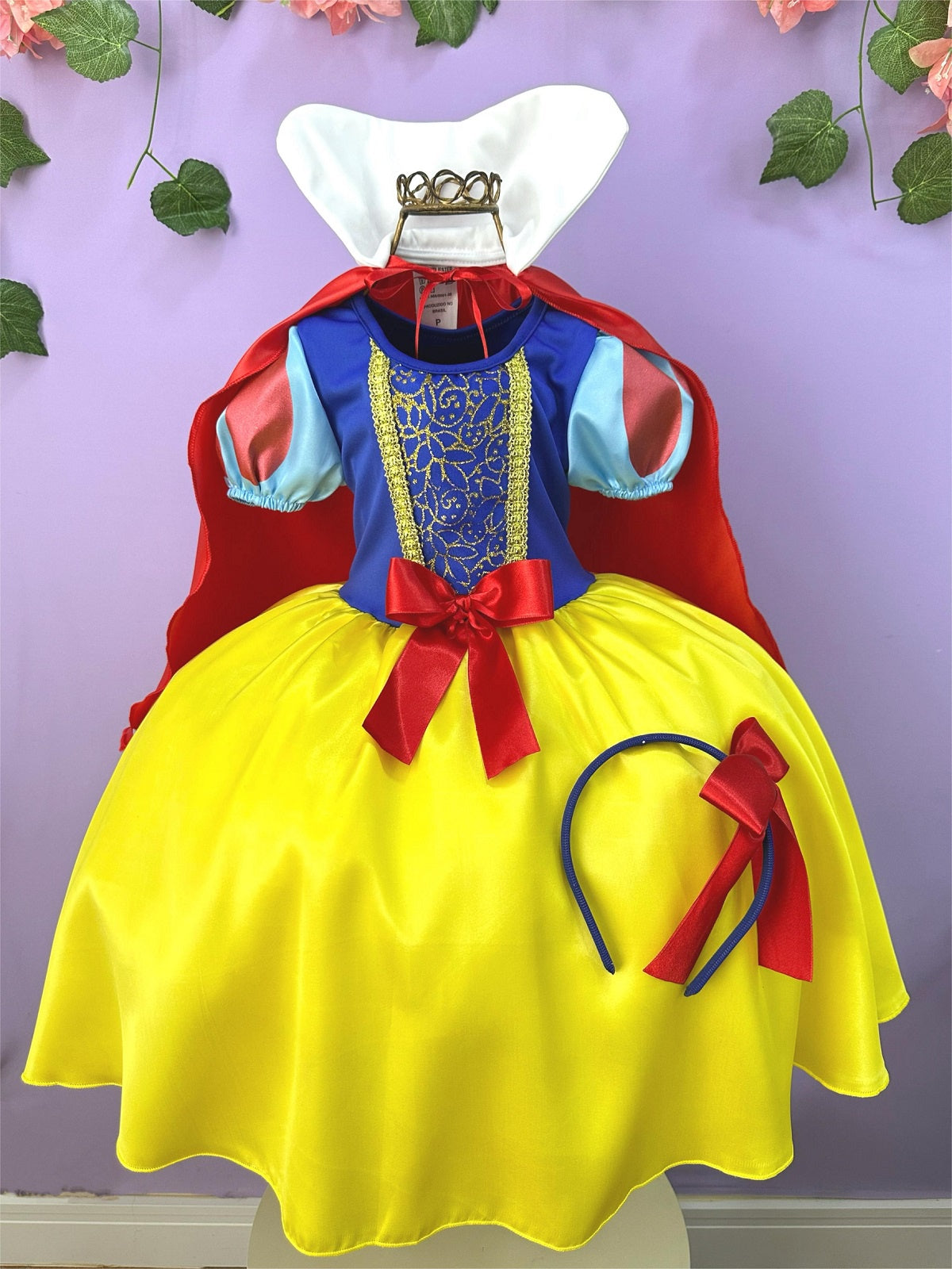 Vestido Fantasia Infantil Branca de Neve Amarelo Capa Tiara