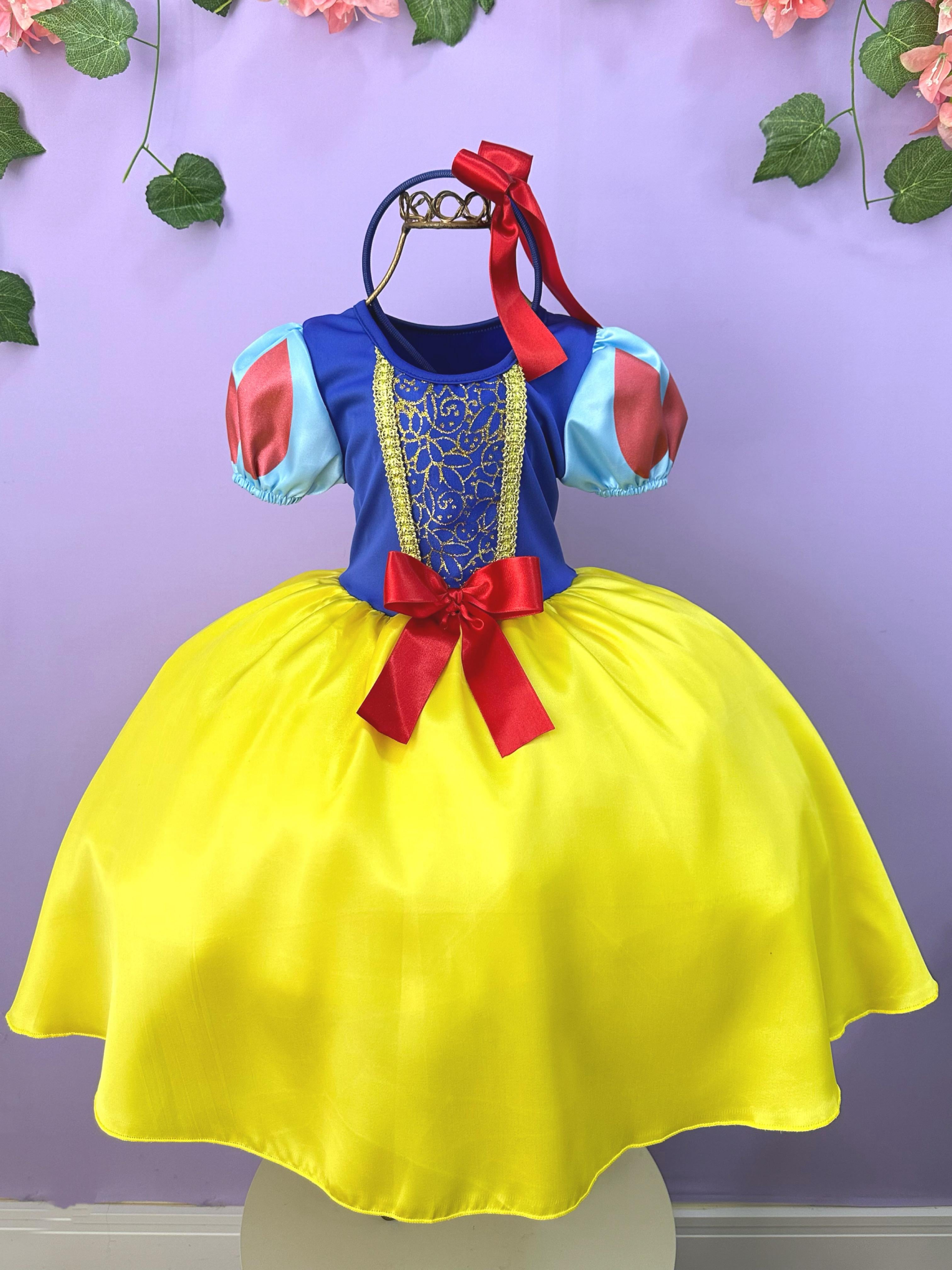 Vestido Fantasia Infantil Branca de Neve Amarelo Capa Tiara
