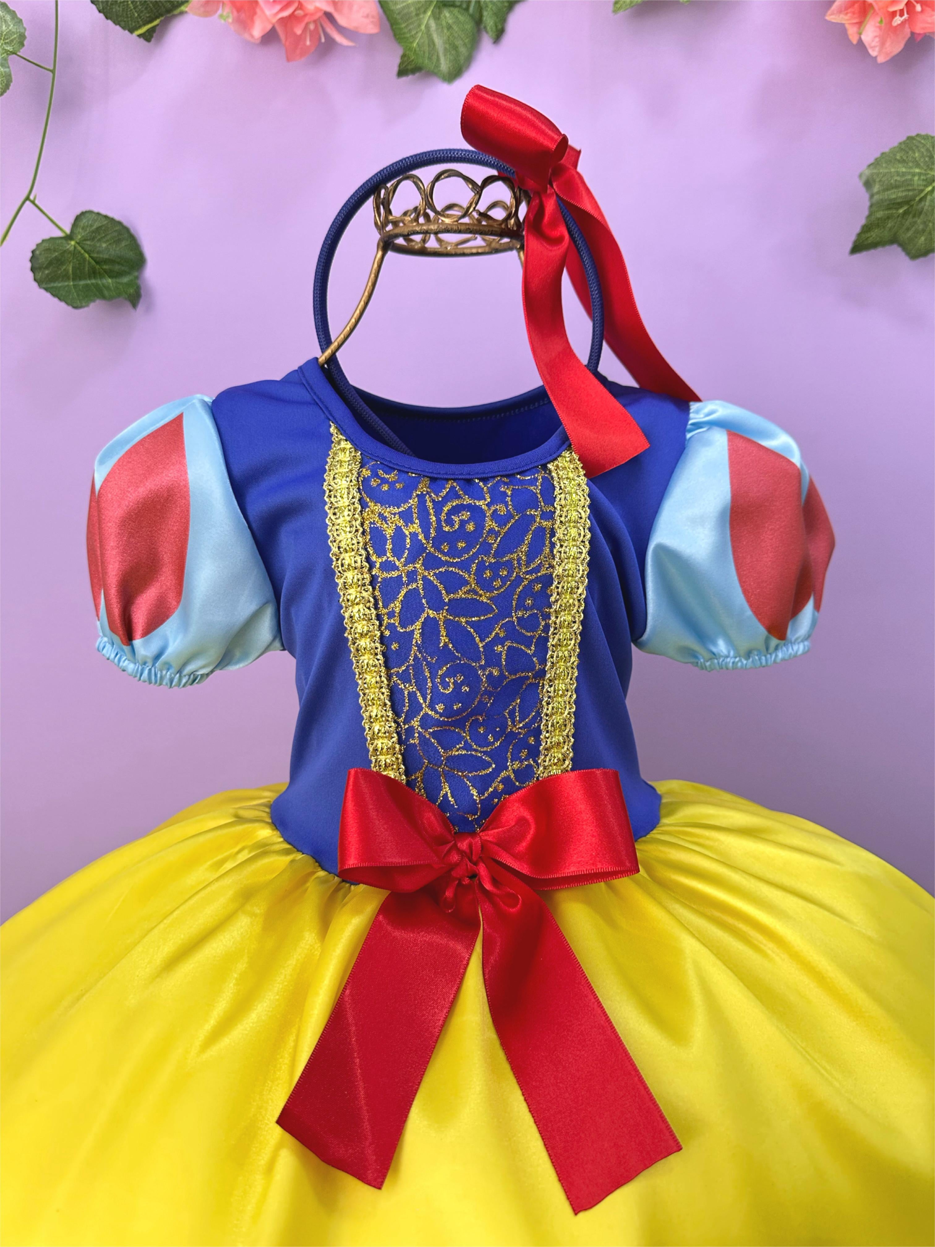 Vestido Fantasia Infantil Branca de Neve Amarelo Capa Tiara