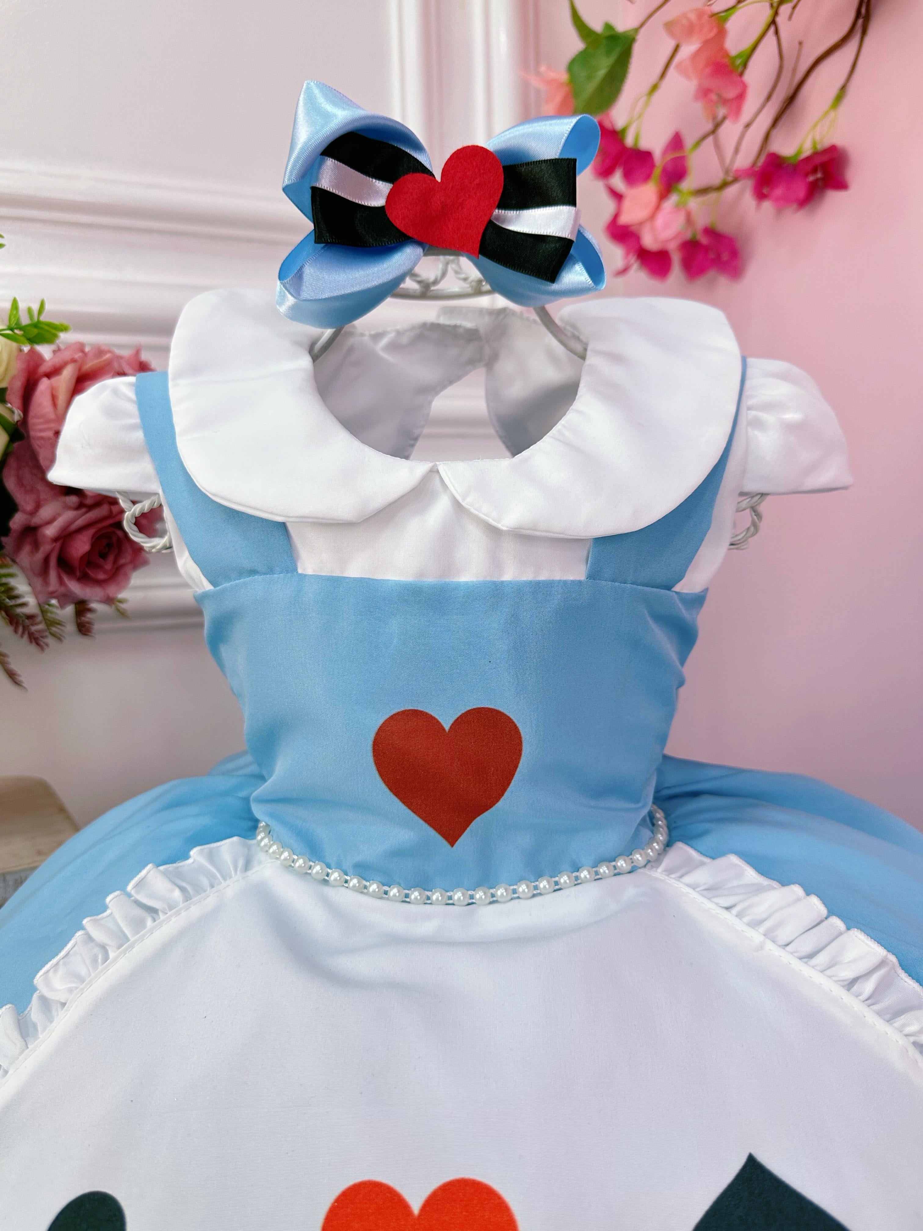 Vestido Infantil Alice no Pais das Maravilhas C/ Laço de Cabelo