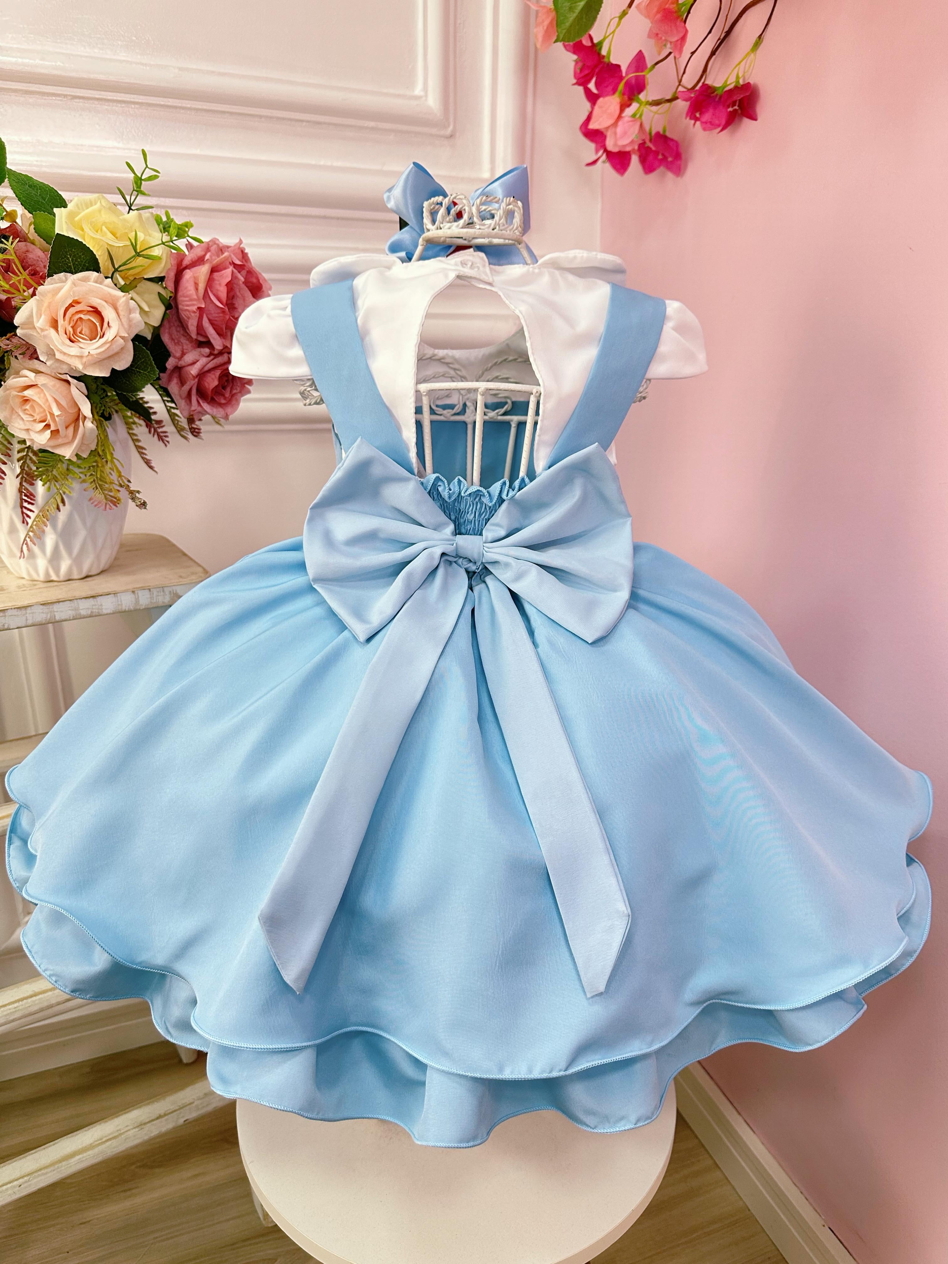 Vestido Infantil Alice no Pais das Maravilhas C/ Laço de Cabelo