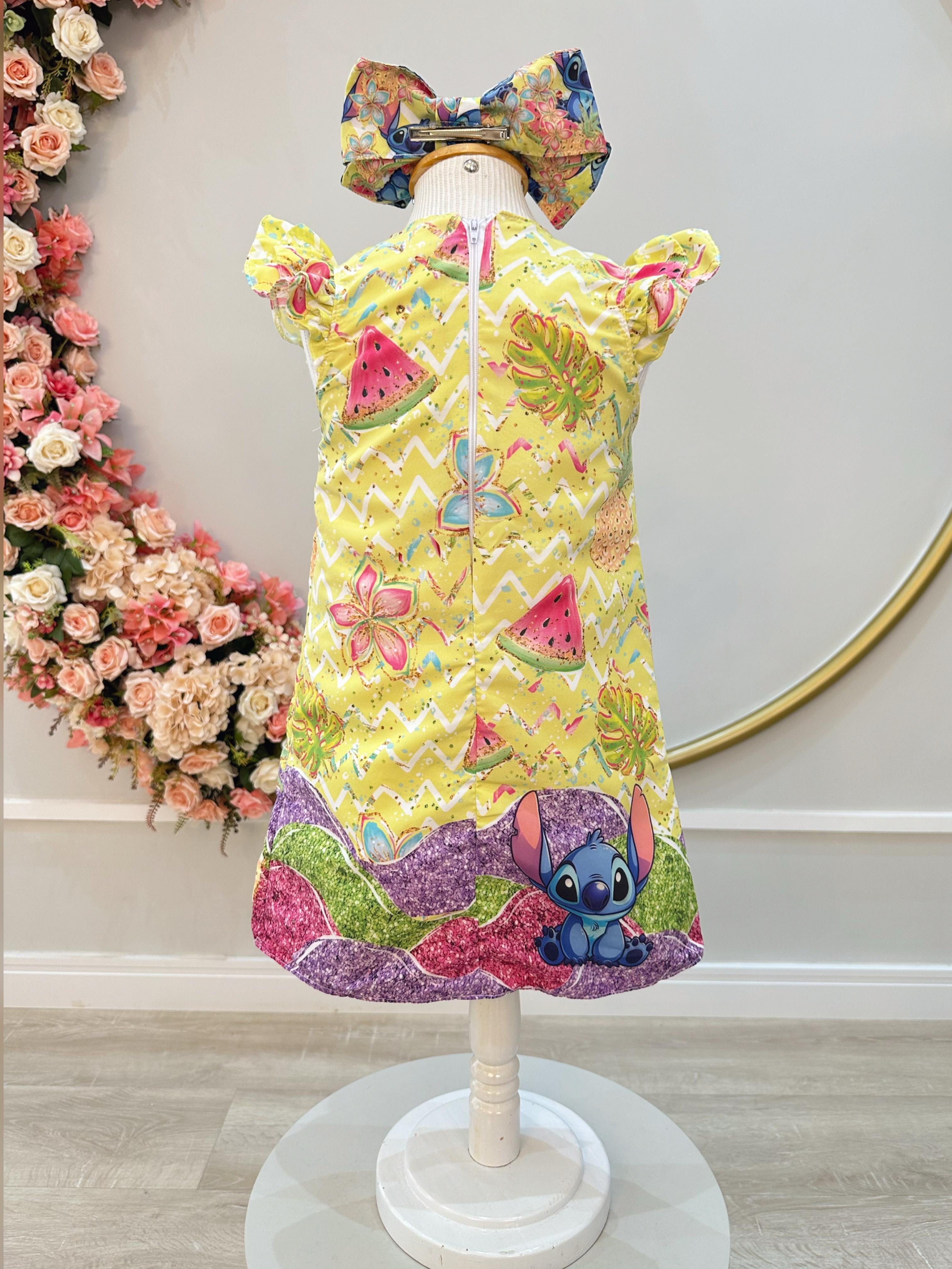 Vestido Infantil Amarelo Lilo e Stitch Luxo Festas