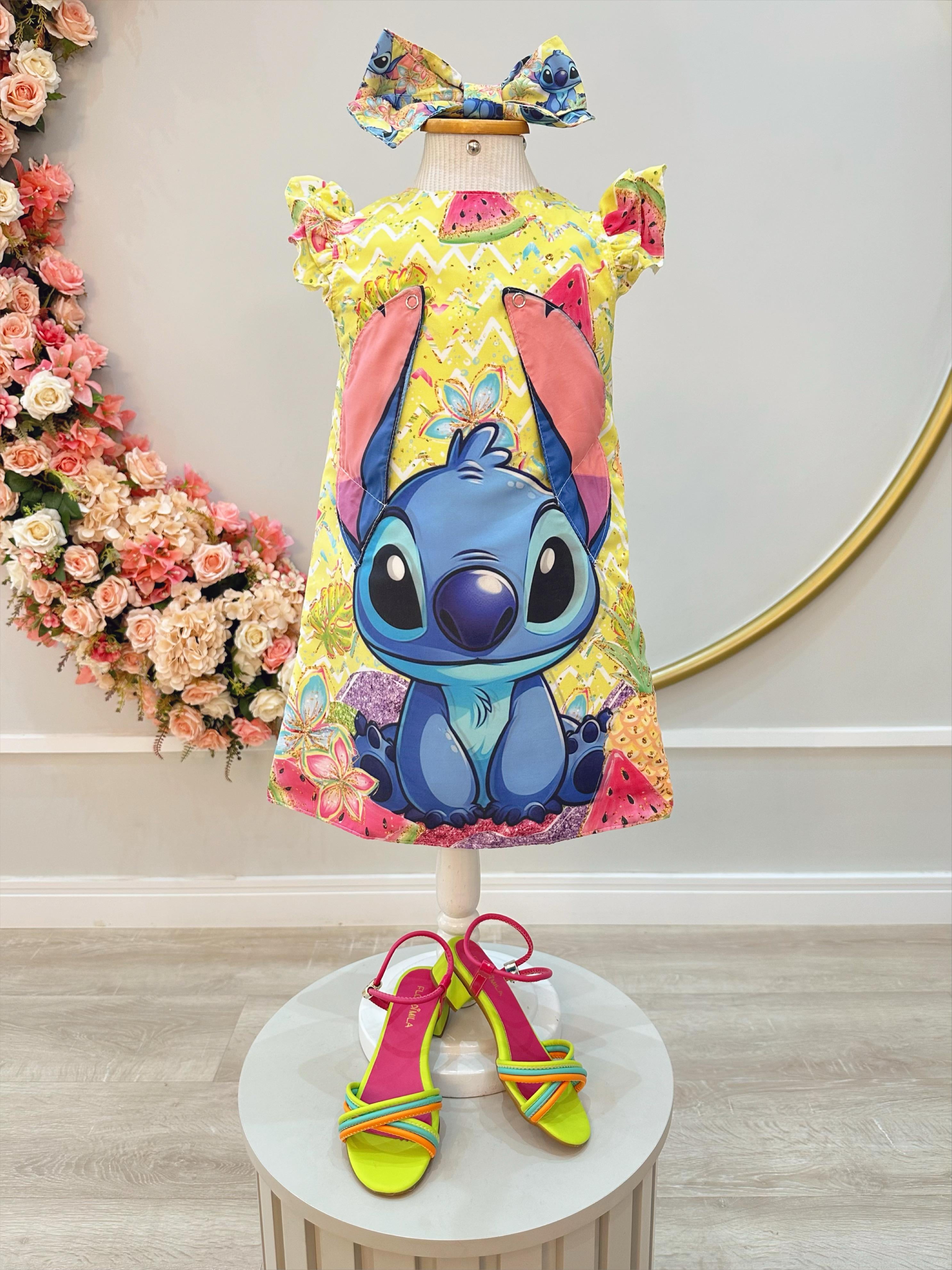 Vestido Infantil Amarelo Lilo e Stitch Luxo Festas