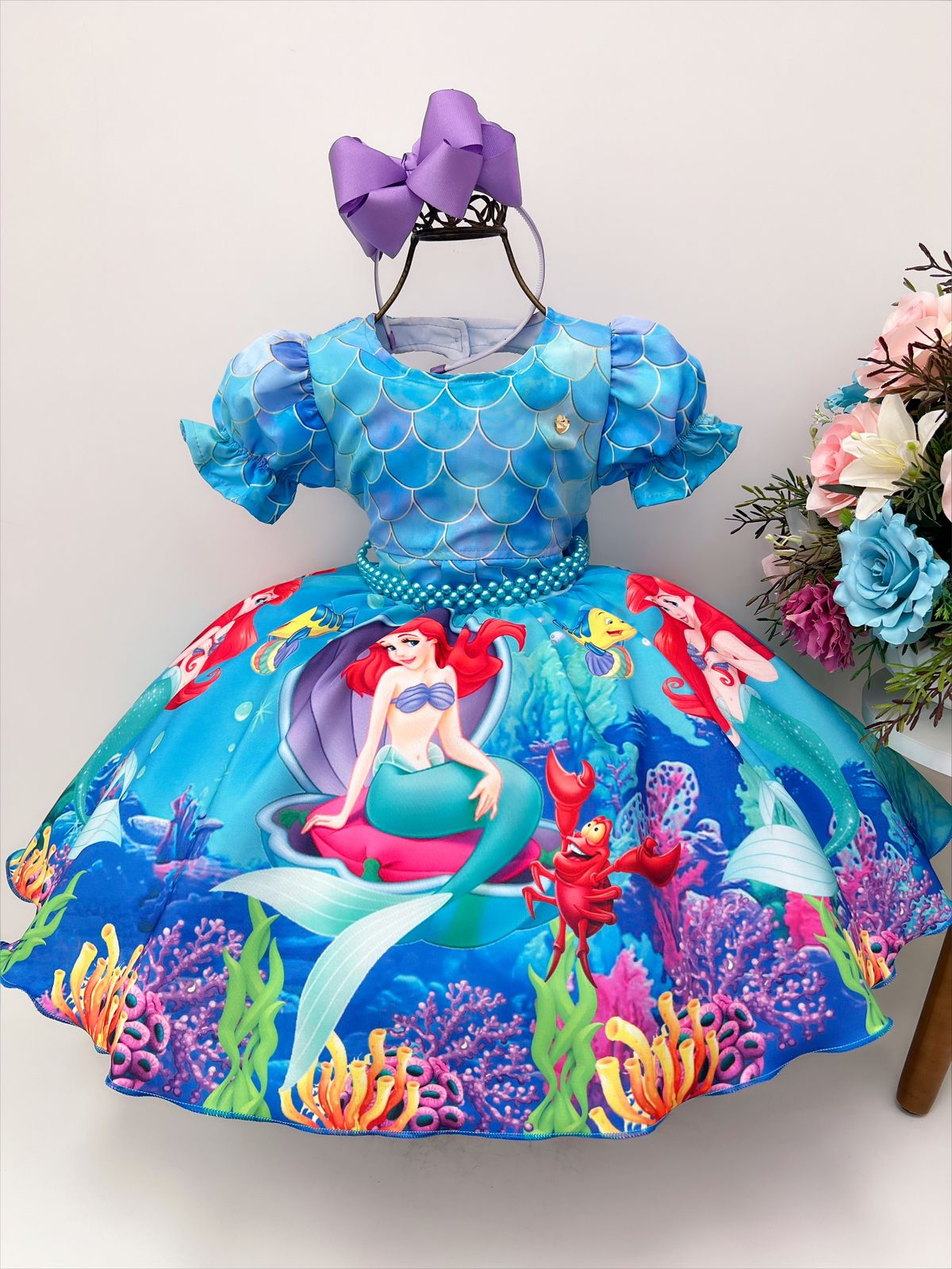 Vestido Infantil Ariel Princesa Com Pérolas Laço Strass Luxo