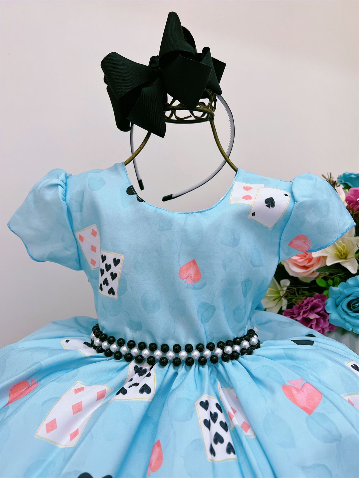 Vestido Infantil Azul Alice no País das Maravilhas Pérolas