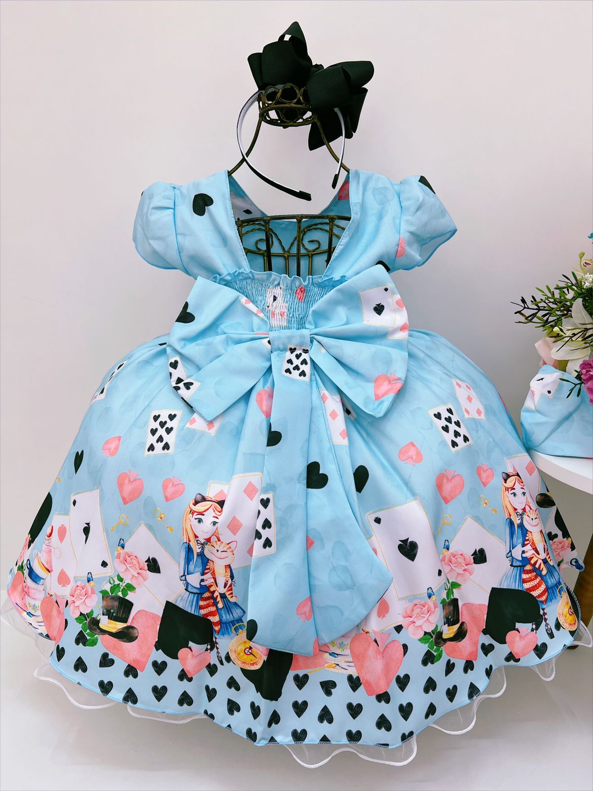 Vestido Infantil Azul Alice no País das Maravilhas Pérolas
