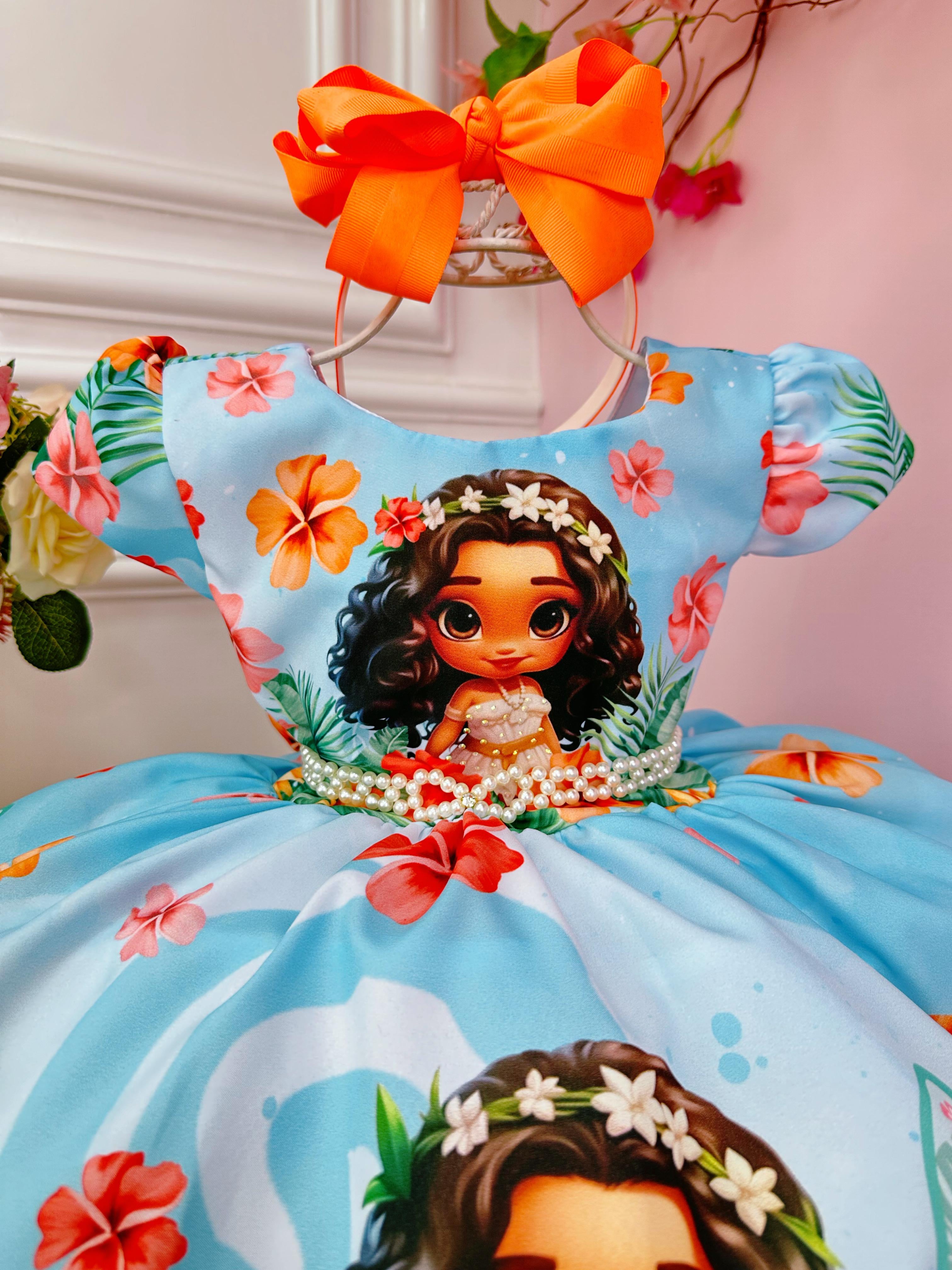 Vestido Infantil Azul Moana Doll Florido Luxo Festas