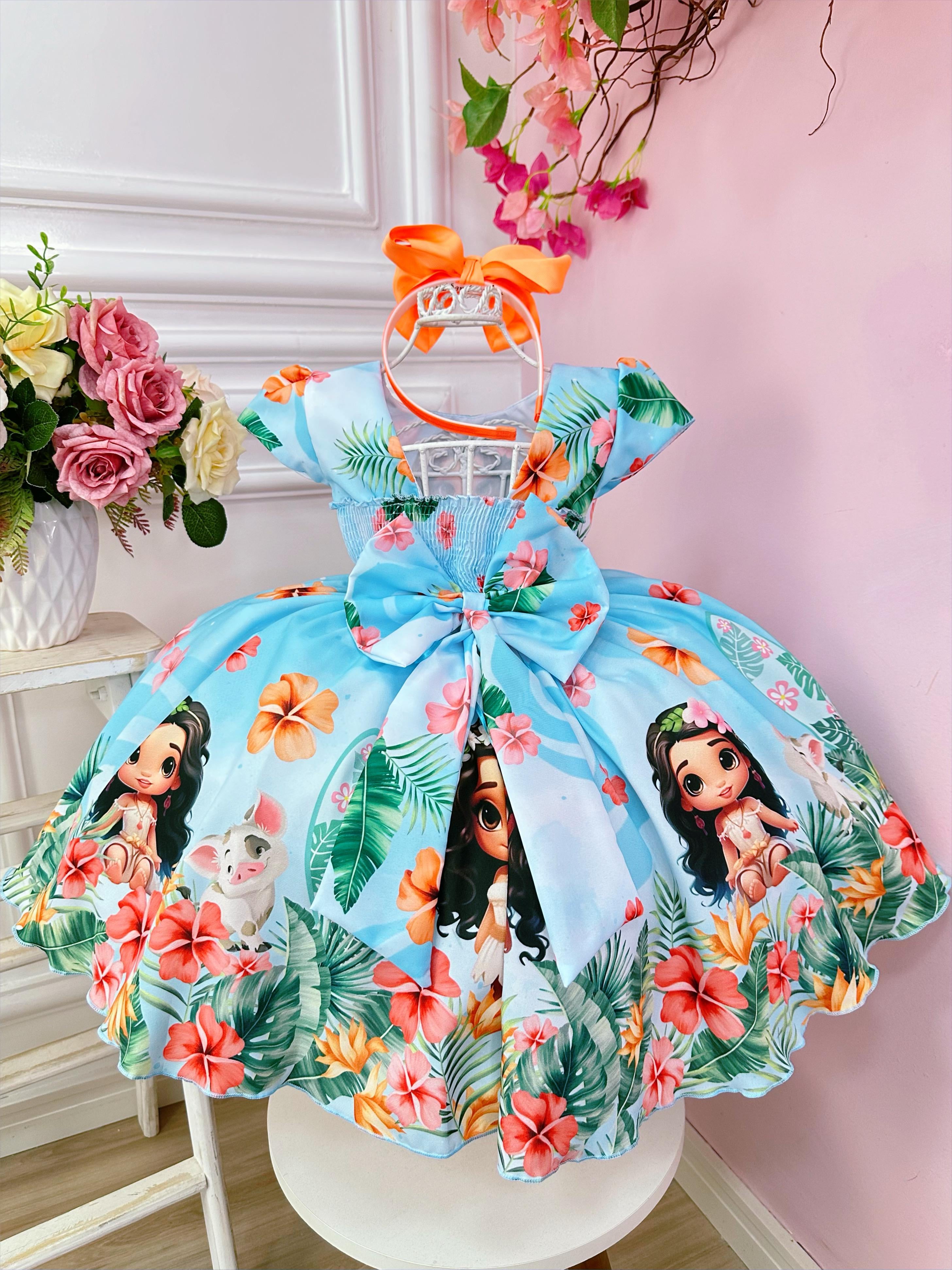 Vestido Infantil Azul Moana Doll Florido Luxo Festas