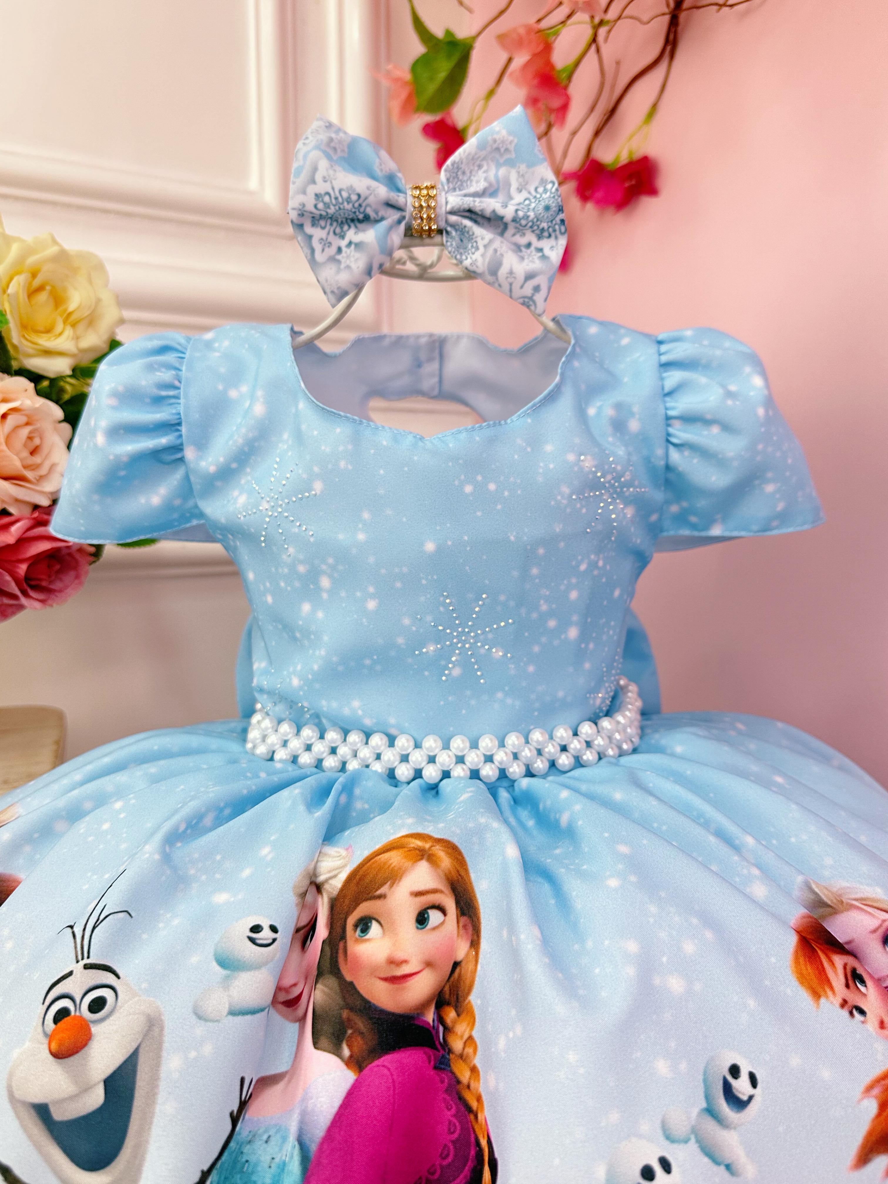 Vestido Infantil Azul Princesas Frozen Elsa Anna Com Laço