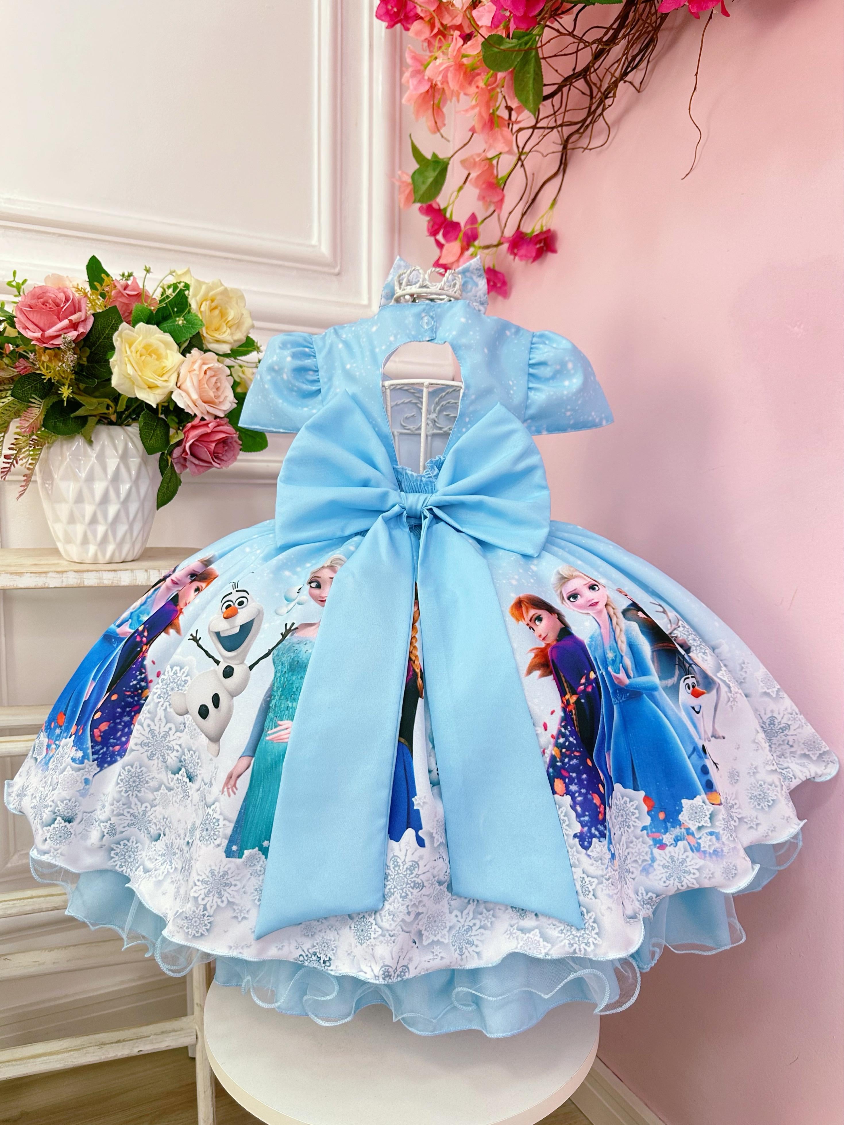 Vestido Infantil Azul Princesas Frozen Elsa Anna Com Laço