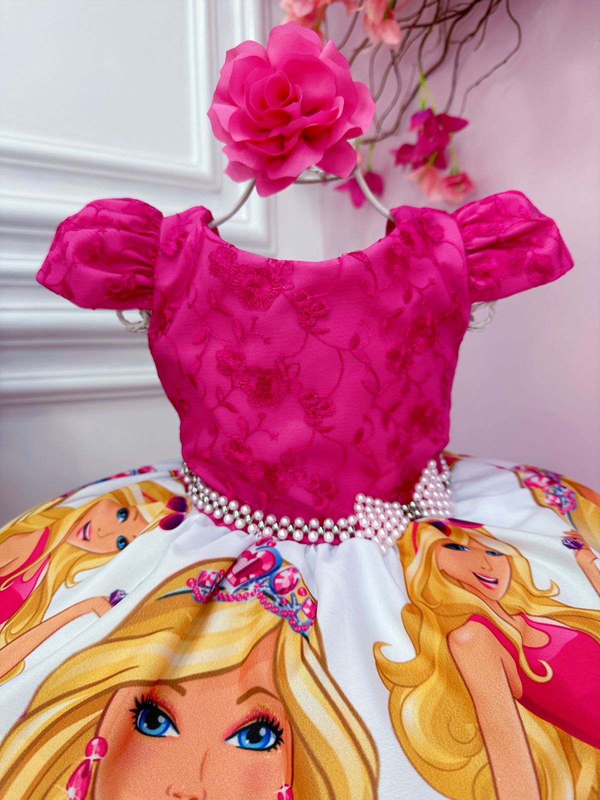 Vestido Infantil Barbie Pink Busto C/ Renda e Flor P/ Cabelo