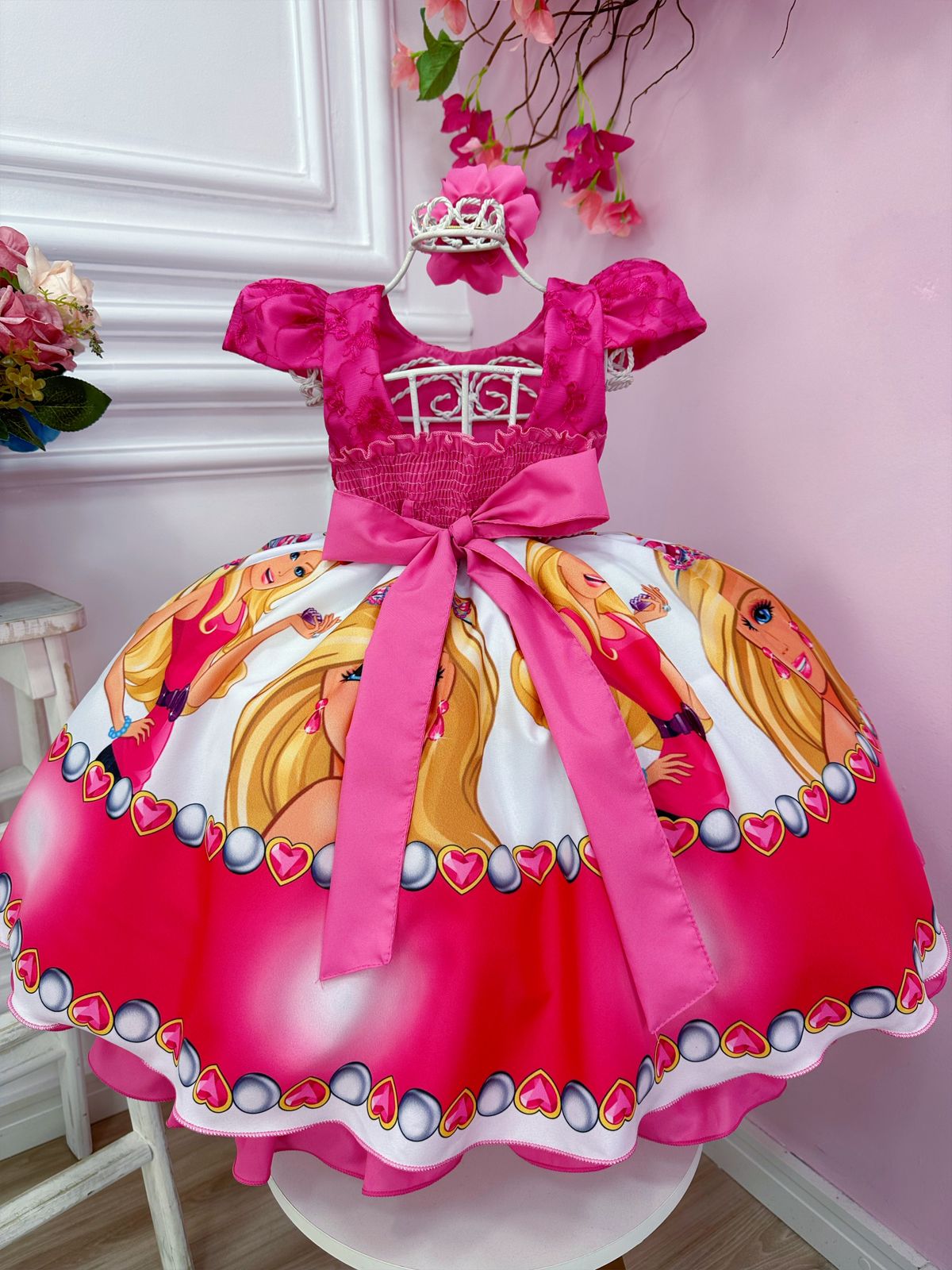 Vestido Infantil Barbie Pink Busto C/ Renda e Flor P/ Cabelo
