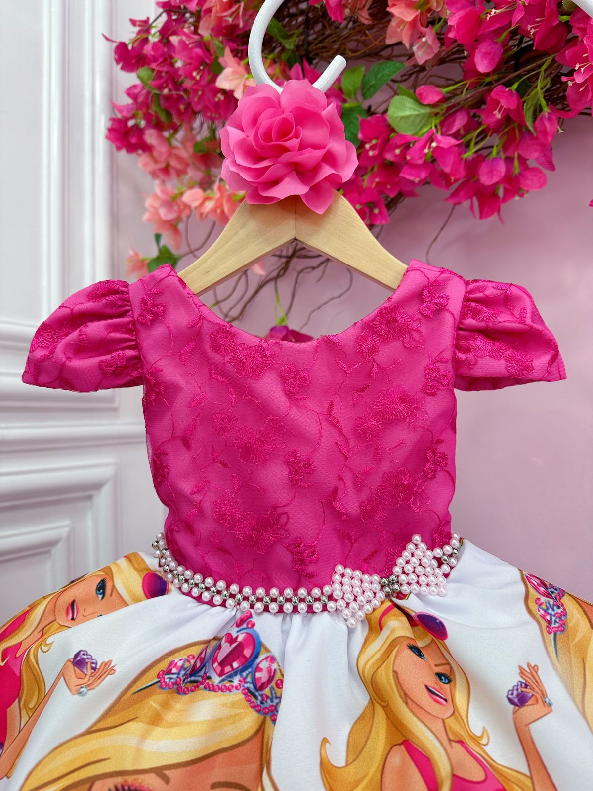 Vestido Infantil Barbie Pink Busto C/ Renda e Flor P/ Cabelo