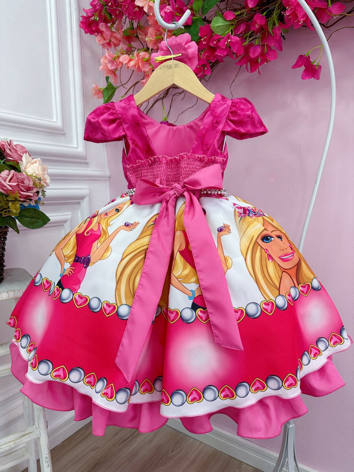 Vestido Infantil Barbie Pink Busto C/ Renda e Flor P/ Cabelo