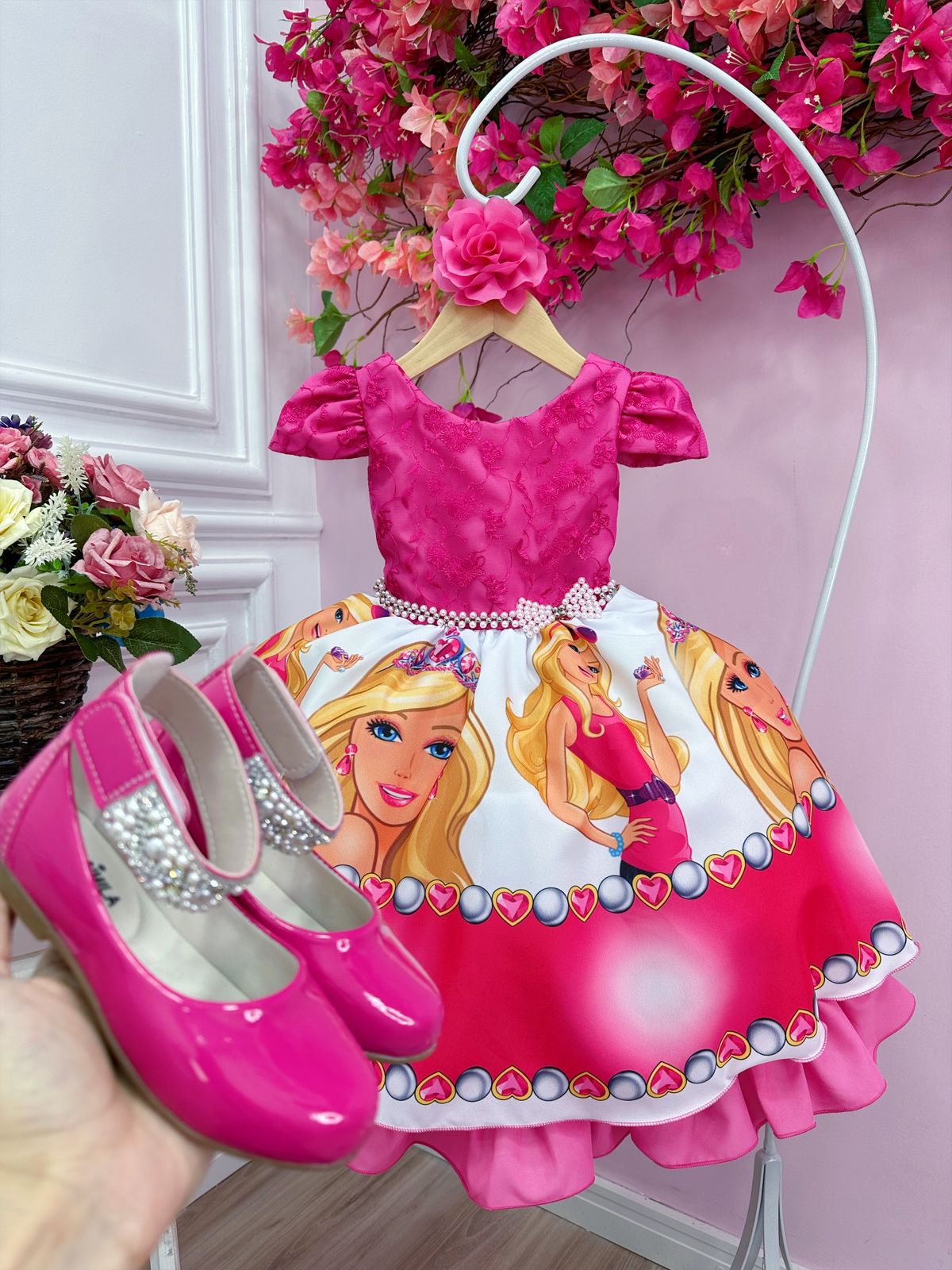 Vestido Infantil Barbie Pink Busto C/ Renda e Flor P/ Cabelo