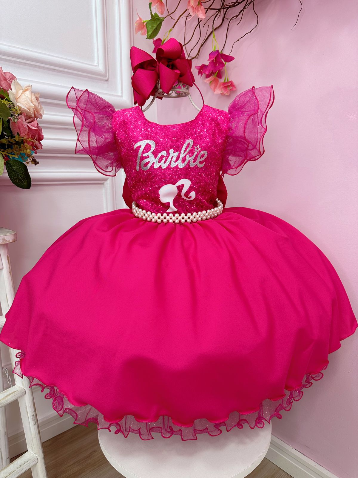 Vestido Infantil Barbie Pink Com Cinto de Pérolas