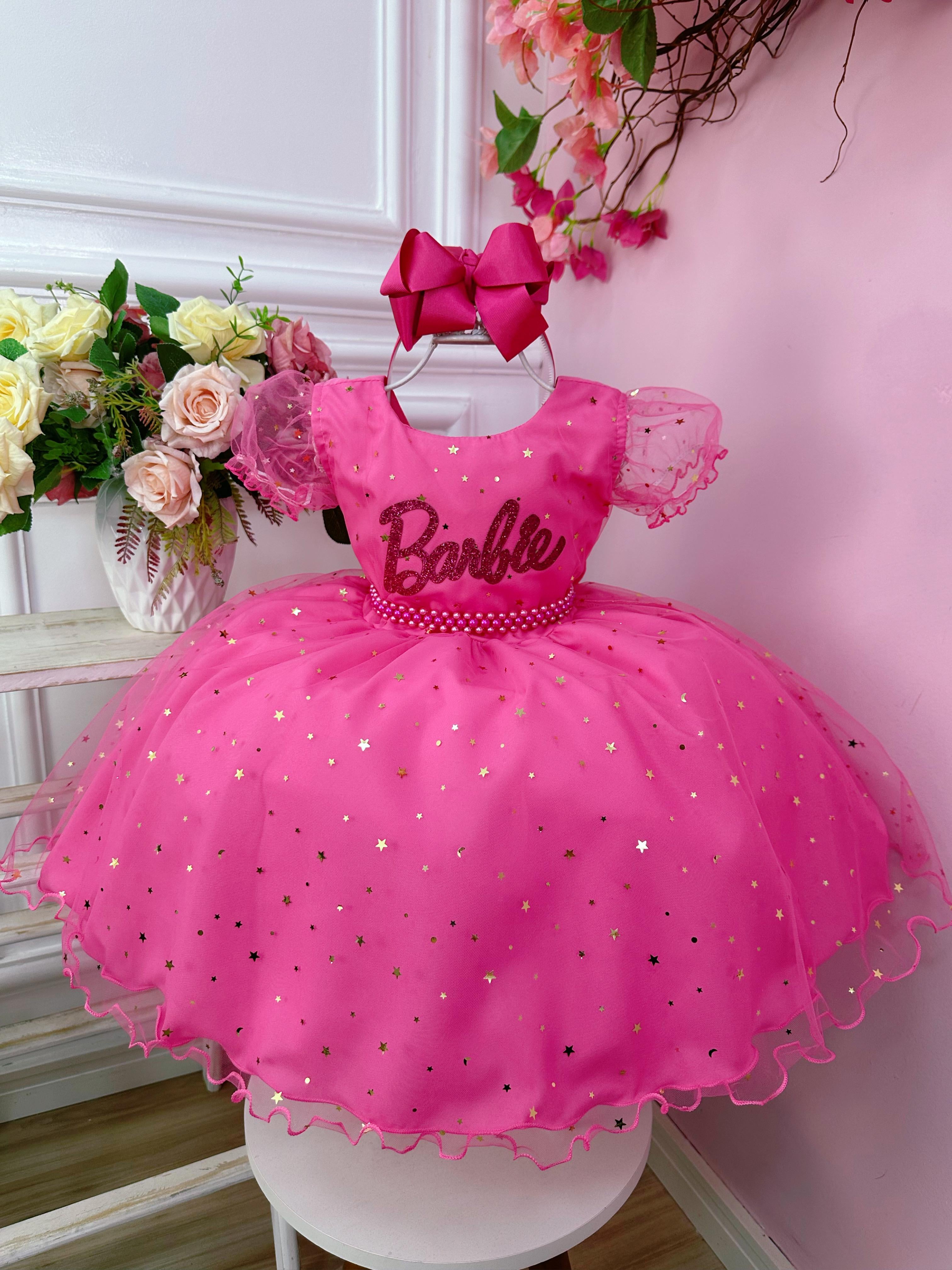 Vestido Infantil Barbie C/ Glitter e Estrelas Rosa Chiclete