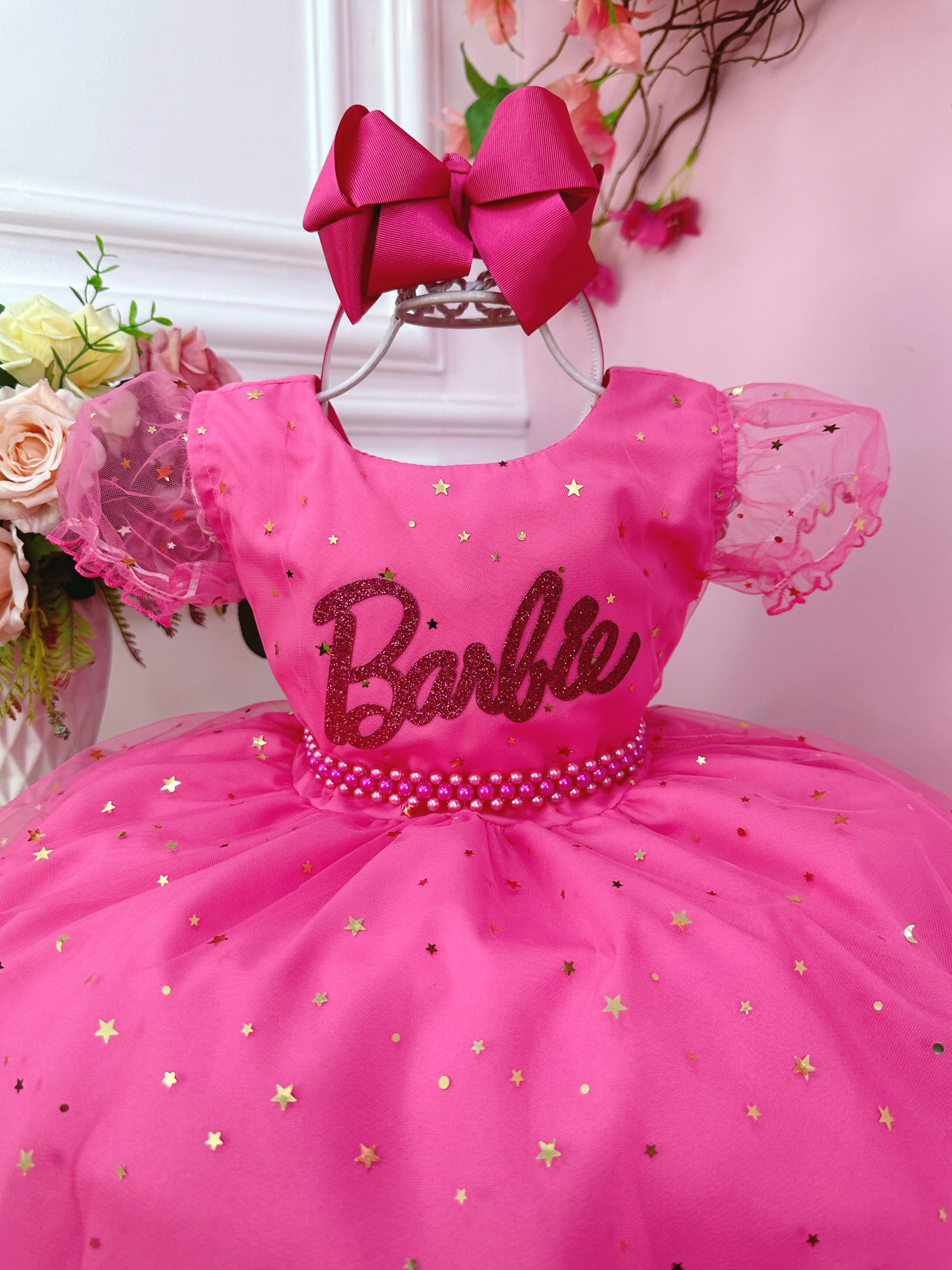 Vestido Infantil Barbie C/ Glitter e Estrelas Rosa Chiclete