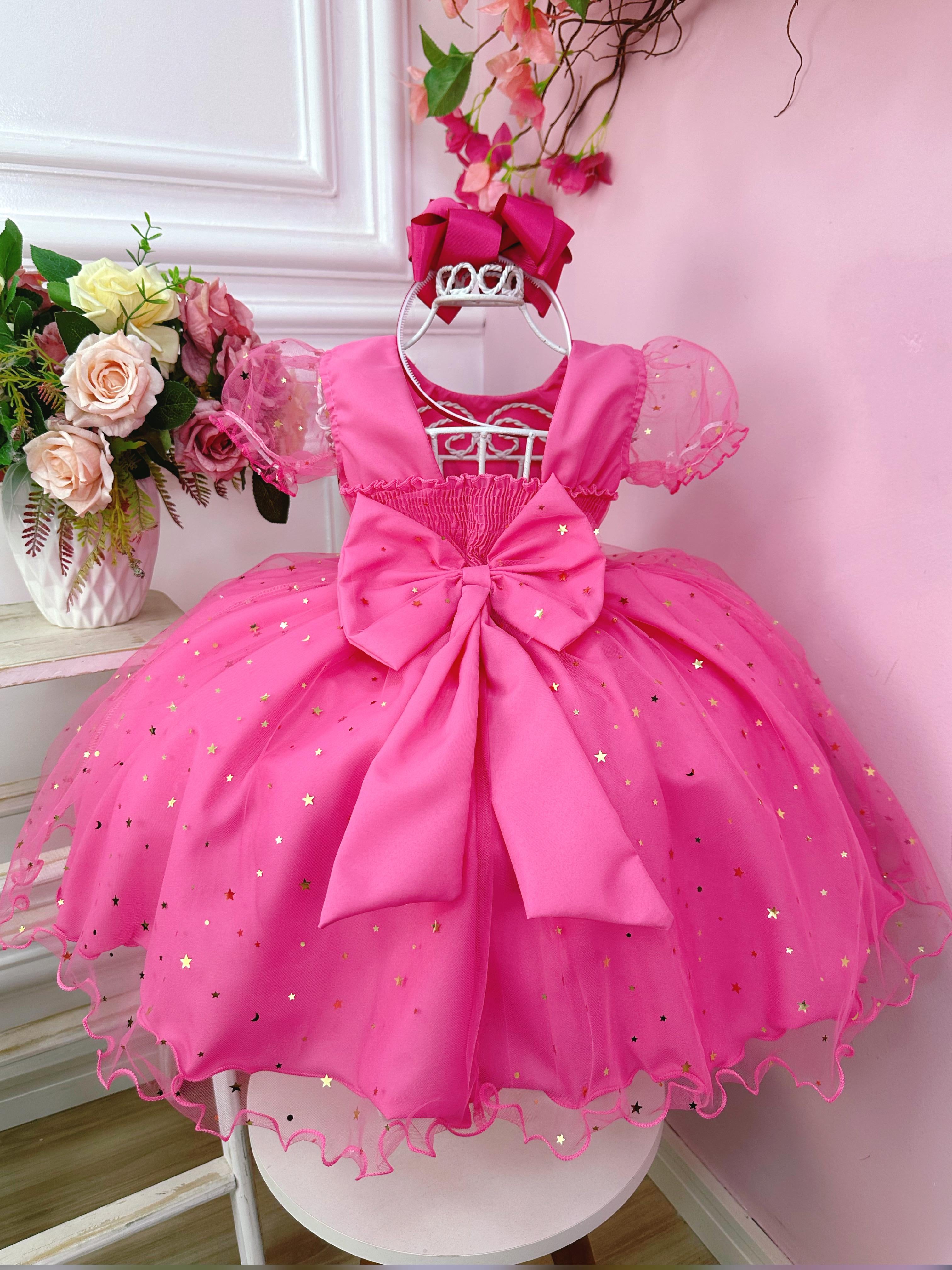 Vestido Infantil Barbie C/ Glitter e Estrelas Rosa Chiclete