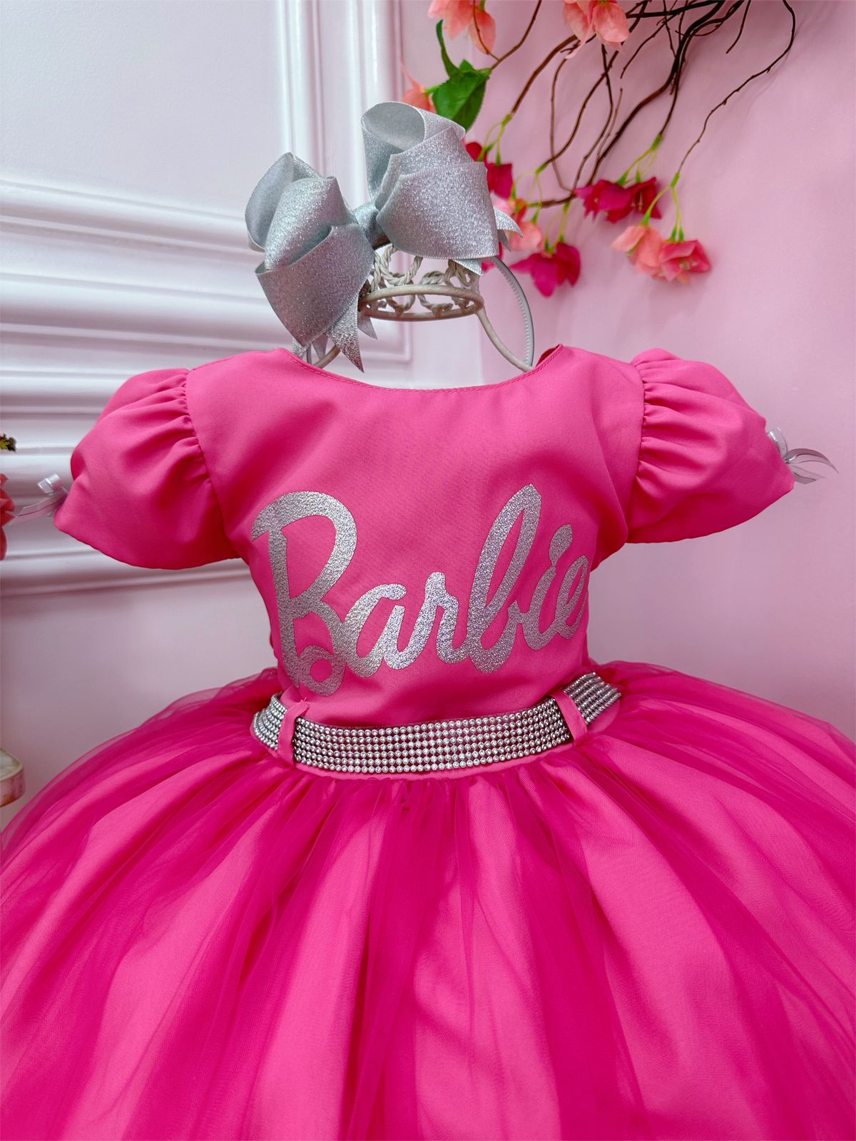 Vestido Infantil Barbie Rosa Chiclete Com Cinto de Strass