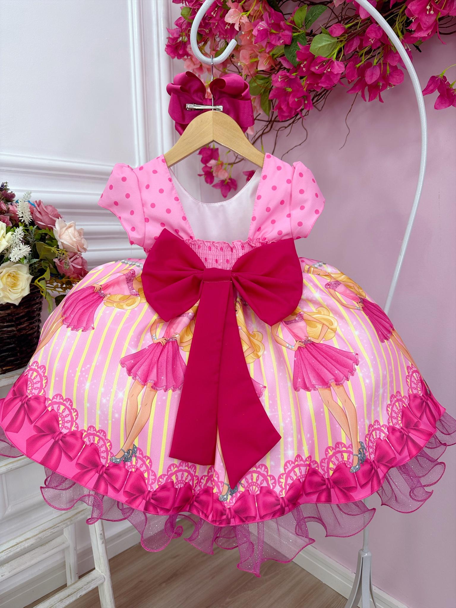 Vestido Infantil Barbie Rosa e Pink Peito C/ Strass Pérolas